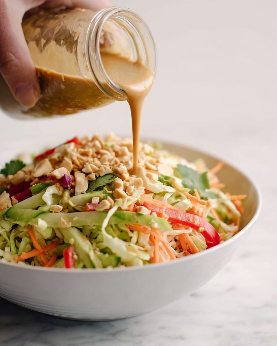 A close-up image shows a woman's hand pouring a light brown dressing from a small glass jar over a large white bowl filled with colorful shredded salad. The salad has several layers with visible textures: thin strips of green cabbage, orange carrot shreds, pale green cucumber slices, pieces of red bell pepper, chopped cilantro leaves, and crushed peanuts sprinkled on top. The background is a soft white marbled surface, keeping the focus on the fresh, mixed salad and the creamy dressing pouring smoothly over it photo taken with an iphone --ar 4:5 --v 7