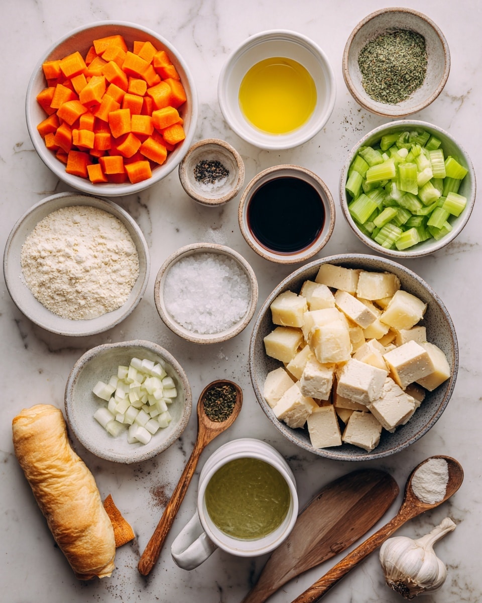 The image shows many ingredients arranged on a white marbled surface in white and neutral bowls or containers. There is a round white bowl filled with bright orange carrot cubes on the top right, next to a small white cup with pale yellow olive oil. Below these is a small white bowl with bright green celery cubes. A larger white bowl on the right holds beige tofu cubes. Below the tofu is a white mug filled with light green veggie stock. Near the center is a large gray bowl full of pale yellow potato cubes, with a small white bowl on top containing salt and black pepper. To the left of the potatoes, a small white bowl holds white chopped onions. Above this are two wooden spoons with green seasoning and herbs. A white plate holds salt, pepper, and herbs near the center. On the far left, a white roll of puff pastry lies horizontally. A small cup of dark soy sauce is near the potatoes, and next to the veggie stock is a small white bowl with plain flour and a small wooden spoon. A few garlic cloves rest on the right side near the tofu. Everything is neat and clearly visible, with natural lighting. Photo taken with an iphone --ar 4:5 --v 7
