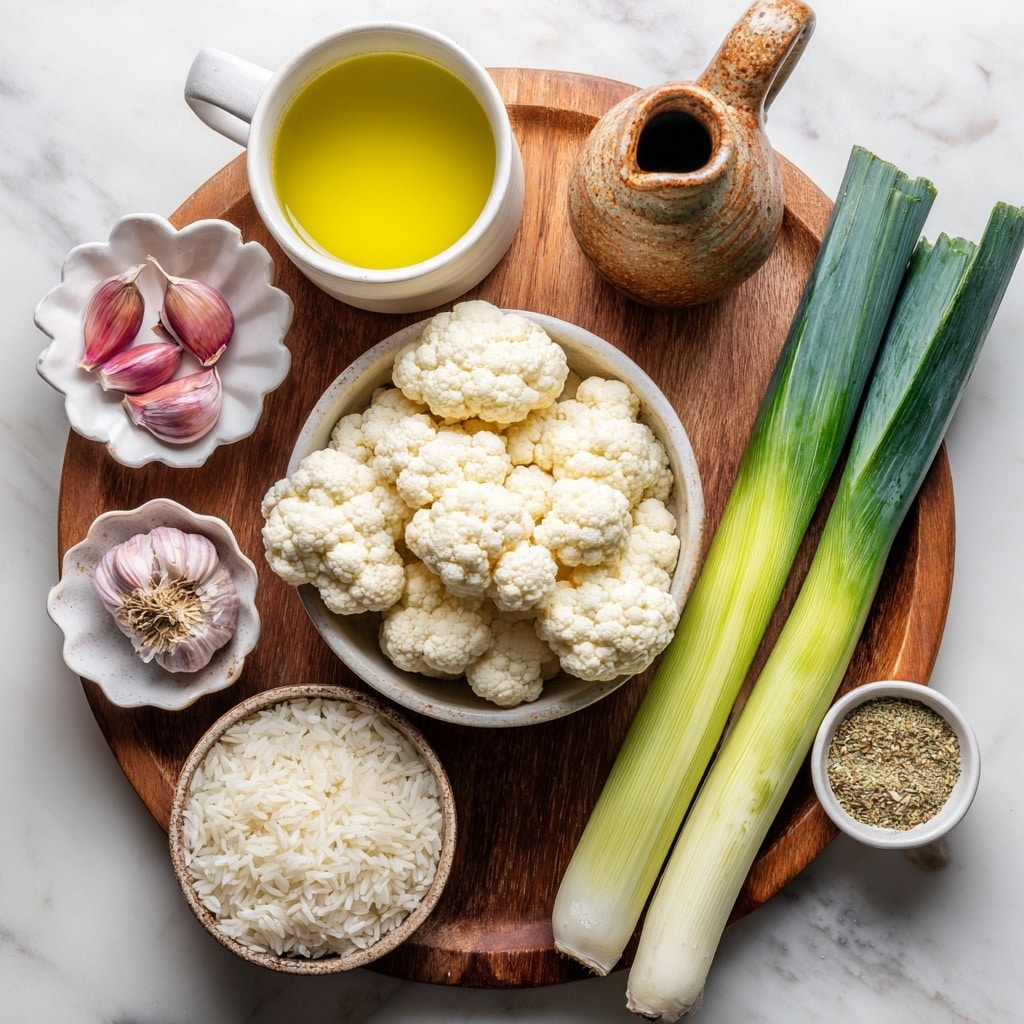 The image shows a wooden board with fresh ingredients arranged neatly on a white marbled surface. At the center, there is a white bowl filled with white cauliflower florets. To the right of the bowl, two whole green leeks lie side by side, showing their gradient of dark to light green colors. Above the leeks, a small rustic jug contains golden olive oil. To the left of the cauliflower bowl, a white mug holds bright yellow-green veggie stock. Next to it, a small white flower-shaped bowl contains several pinkish-purple garlic cloves. Below the cauliflower bowl, there is a small white bowl filled with raw long grain white rice. To the right of the rice, a small white cup holds seasoning with a mix of light beige powder and dried herbs. The colors of the ingredients contrast nicely with the wooden board and the white marbled background. photo taken with an iphone --ar 4:5 --v 7
