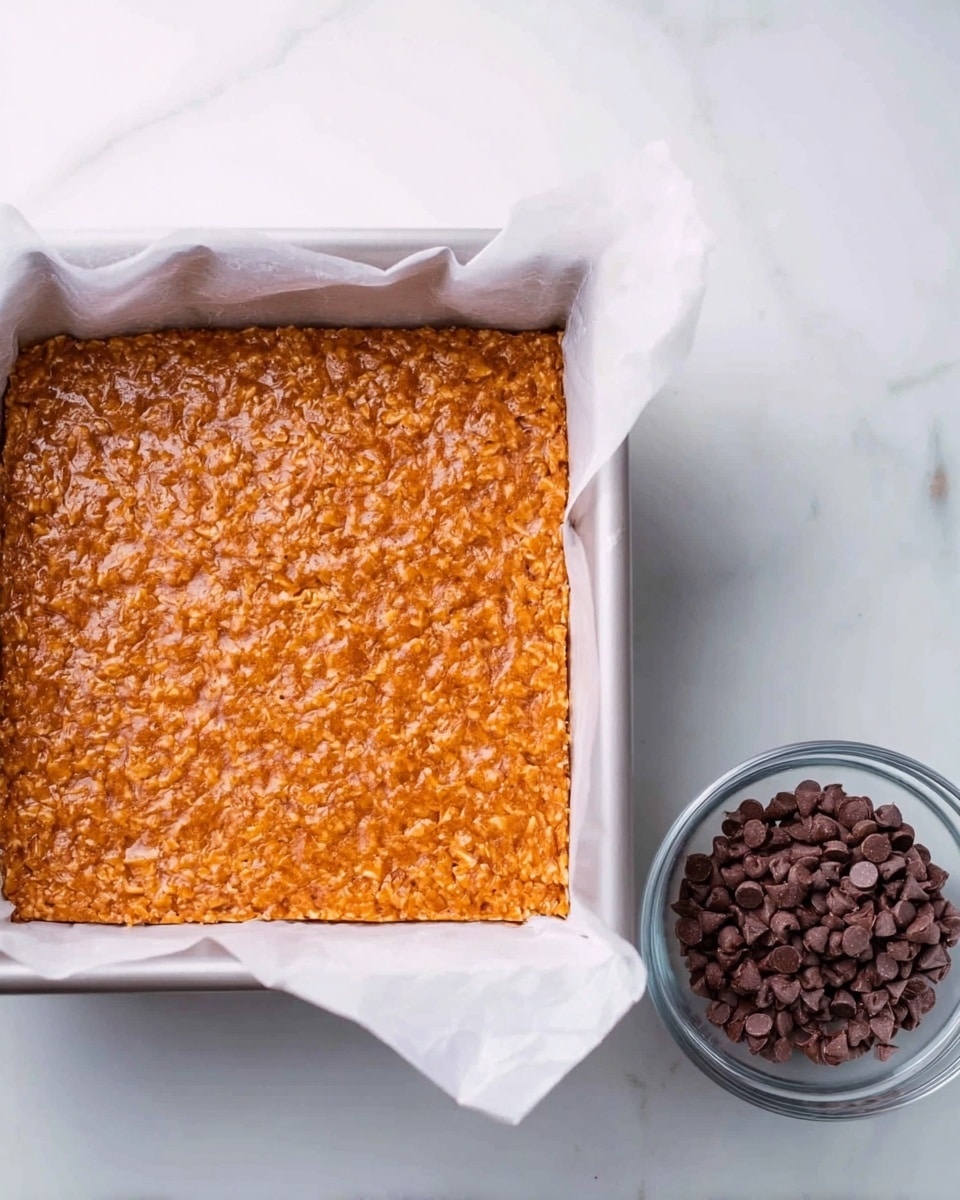 A square white baking pan lined with white parchment paper holds a single layer of an orange-brown textured baked dessert with visible bits throughout, filling the pan evenly. To the right, a small clear glass bowl contains a pile of dark brown chocolate chips. The scene is set on a white marbled surface. photo taken with an iphone --ar 4:5 --v 7