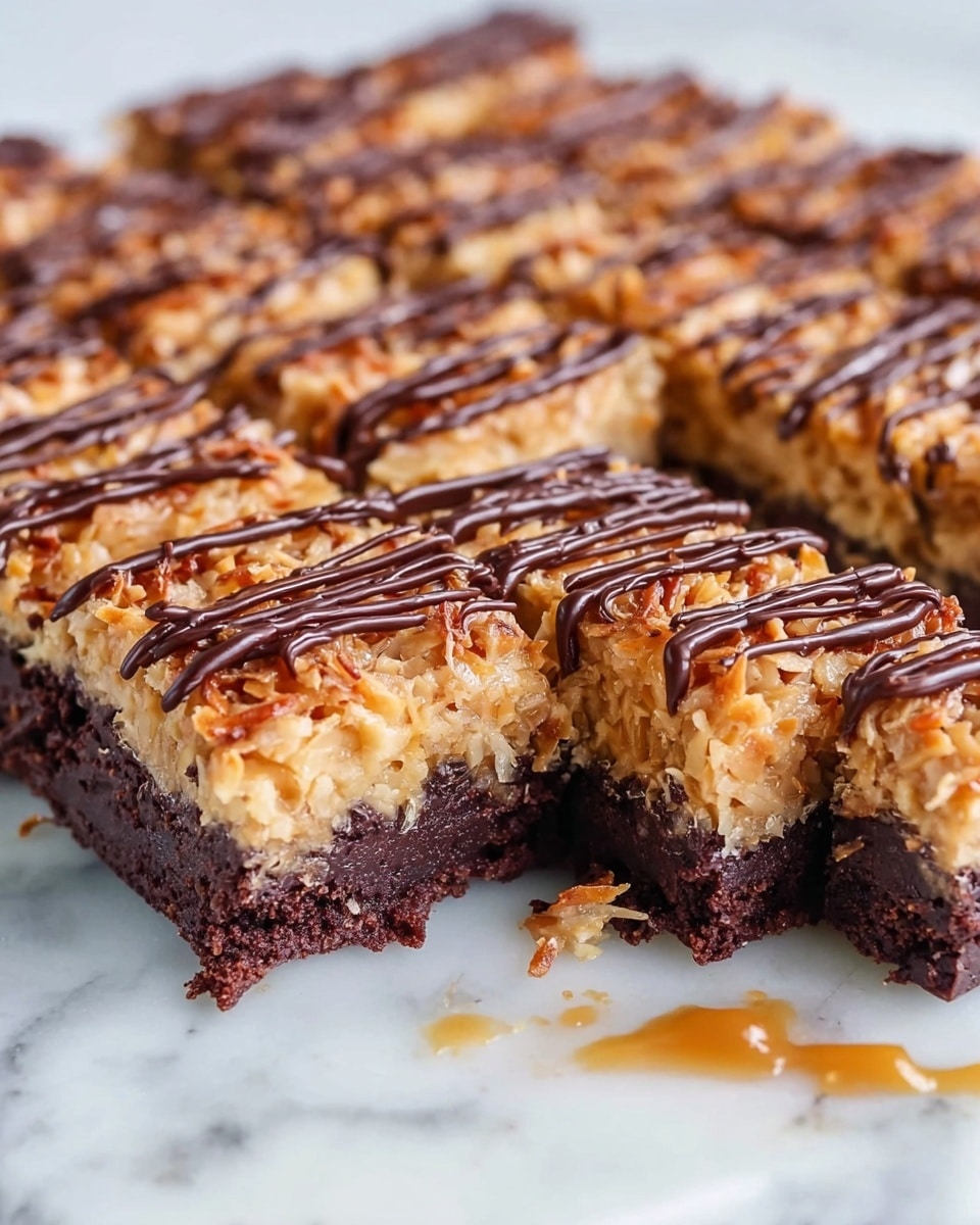 The image shows a square chocolate dessert sliced into pieces, with one piece removed from the front. The bottom layer is a dark chocolate cake base, moist and dense in texture. On top of this is a thick layer of golden caramel mixed with shredded coconut, giving a rough, chunky texture. Thin diagonal lines of dark chocolate drizzle are spread evenly across the top layer, adding contrast to the caramel and coconut. The dessert sits on a white marble surface with some crumbs and caramel spots visible where the piece was taken out. photo taken with an iphone --ar 4:5 --v 7