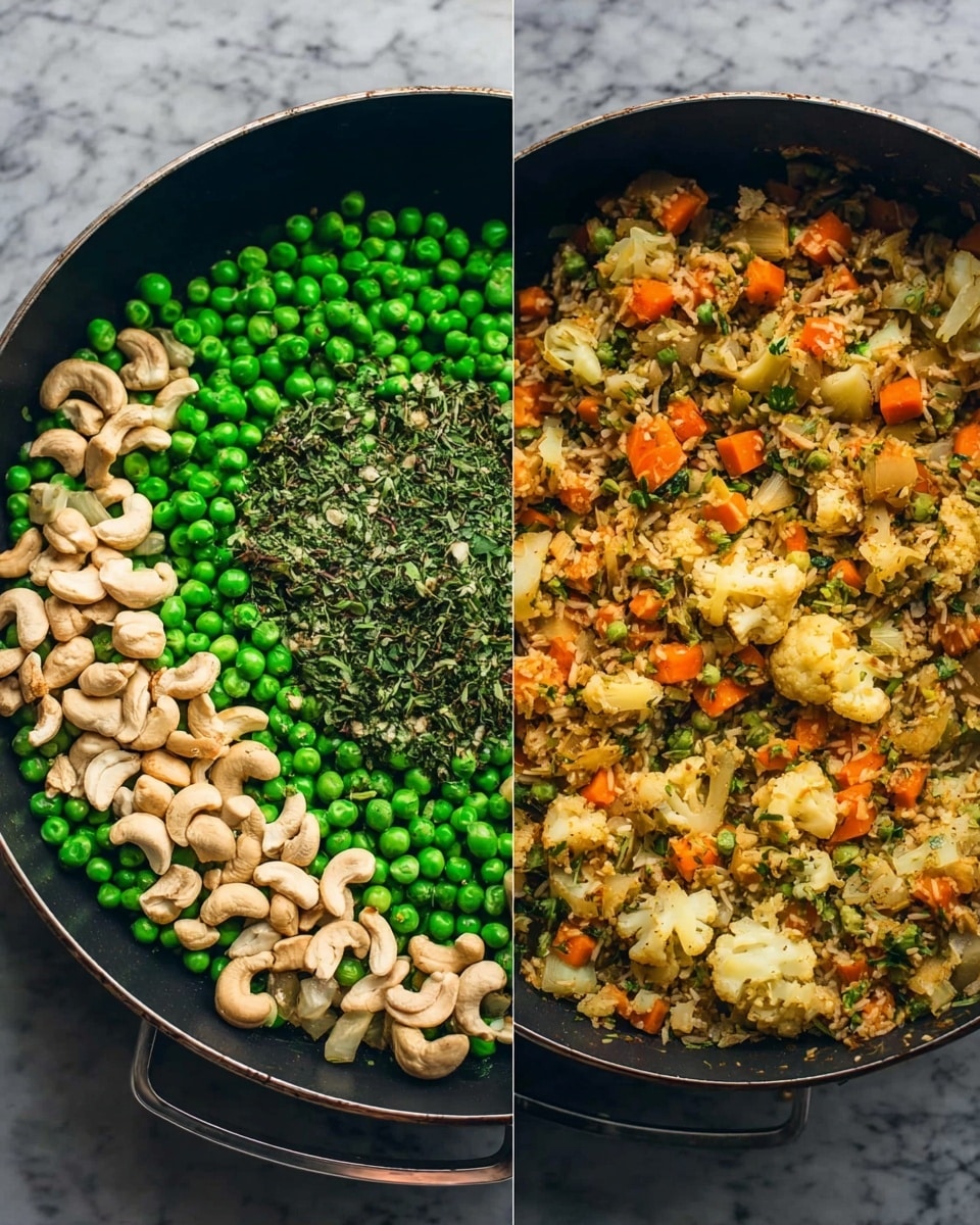 The image shows two black pans on a white marbled surface. In the left pan, there are five clear layers: bright green peas at the bottom, chopped dark green herbs above them, small pale beige cashew nuts next to the herbs, more dark green herbs on another side, and a base of mixed light brown cooked vegetables including carrots and cauliflower beneath everything. In the right pan, all ingredients are mixed into a colorful stir-fried dish with bits of orange carrots, light brown rice, and small pieces of cauliflower and herbs evenly spread. photo taken with an iphone --ar 4:5 --v 7