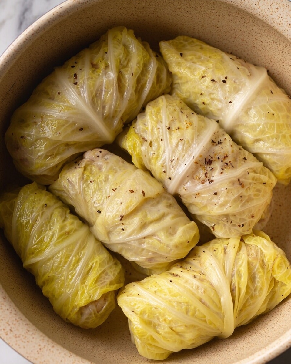 The image shows several stuffed cabbage rolls arranged close together in a beige pot with a speckled texture. Each roll is wrapped tightly in pale yellow cabbage leaves with visible veins, giving a slightly wrinkled texture. The cabbage rolls have a soft, slightly shiny surface with small black pepper flakes sprinkled over them. One of the rolls is partially open, revealing a brownish filling inside. The background is a white marbled texture. photo taken with an iphone --ar 4:5 --v 7
