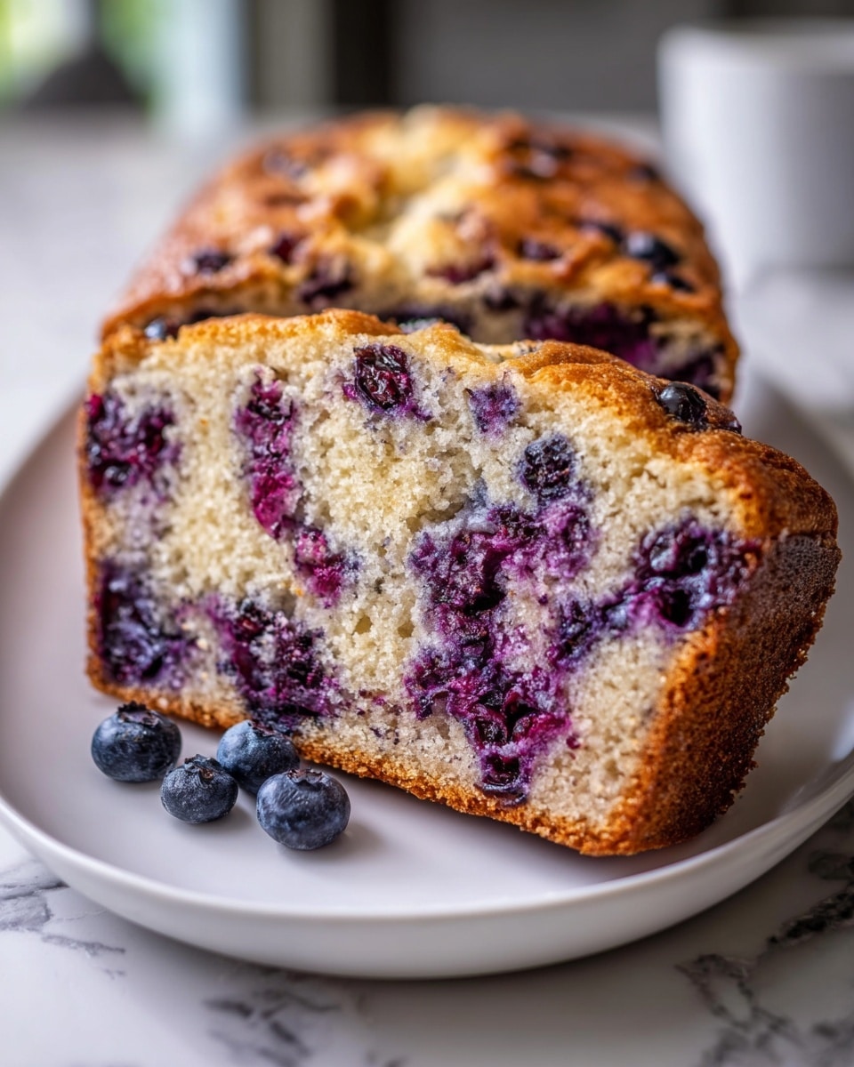 The image shows a close-up of a sliced blueberry loaf cake placed on a white plate. The cake has a golden-brown crust on top with a rough texture, and the inside is soft and moist with a light beige color. There are many dark purple and blue blueberries scattered throughout the thick slice, creating bright pops of color in contrast to the pale cake. The plate sits on a white marbled surface, and the background is softly blurred, giving focus to the detailed texture of the cake. Photo taken with an iphone --ar 4:5 --v 7