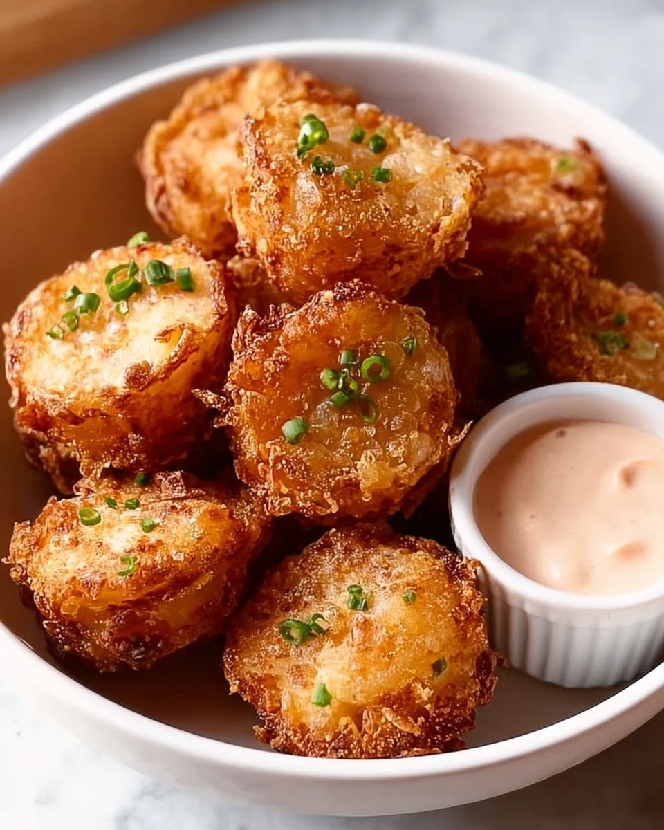 A white bowl filled with several golden-brown fried round bites, each with a crispy and textured surface showing layers of light and darker brown. The bites are sprinkled with small green chive pieces scattered on top. On the right side inside the bowl, there is a small white bowl holding a creamy light pink dipping sauce. The bowl sits on a white marbled surface. photo taken with an iphone --ar 4:5 --v 7