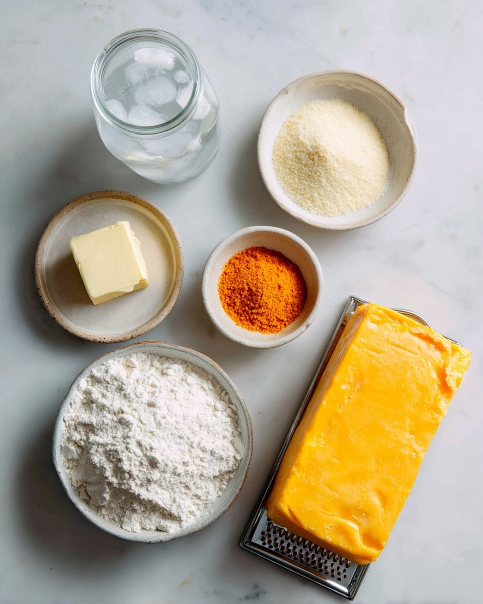 The image shows various ingredients for cooking arranged on a white marbled surface. There is a small white jar labeled ice water on the top left, a small white bowl with light beige seasoning salt on the top right, and a small white bowl with bright orange garlic powder below it. Towards the bottom left, a small chunk of butter rests next to a round bowl filled with all-purpose flour that is white and fluffy. On the bottom right, a large block of yellow cheddar cheese sits on an old-fashioned metal grater. All items are neatly spaced and clearly labeled. Photo taken with an iphone --ar 4:5 --v 7