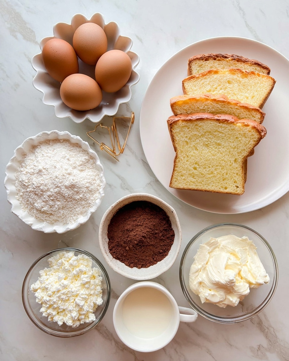 A white marbled surface holds an arrangement of ingredients; at the top right, a white plate holds four slices of golden brown soft bread stacked slightly overlapping. To the top left, there is a white scalloped bowl with three brown eggs. Below, small white bowls contain brown liquid, creamy white yogurt, white powdery flour, a cup filled with white cottage cheese, a cup of light brown cocoa powder, and a white bowl with a creamy white liquid, all spread out visually. Photo taken with an iphone --ar 4:5 --v 7