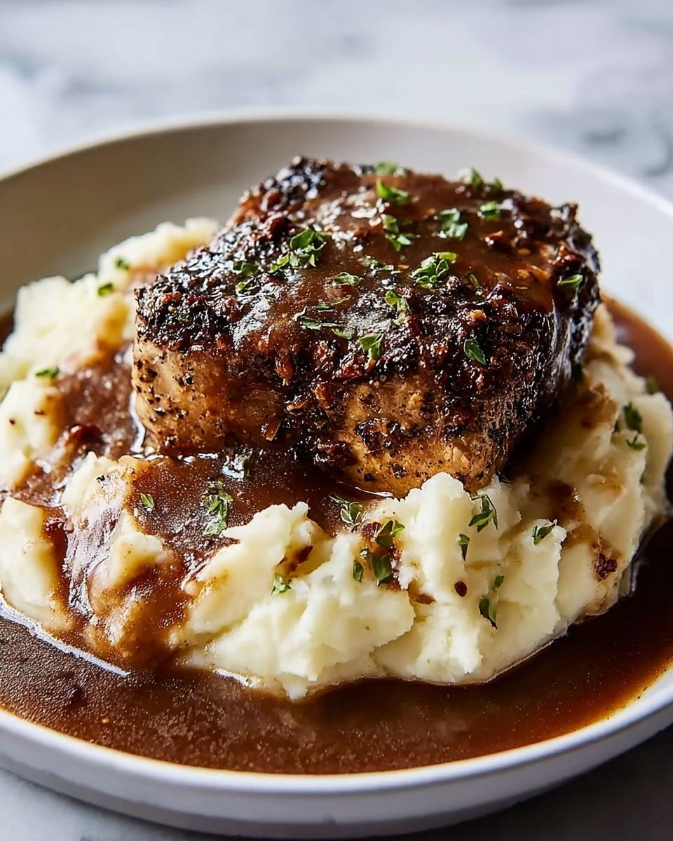 A close-up view of a white plate with two layers: the bottom layer is creamy mashed potatoes with a soft, slightly chunky texture and a pale off-white color; on top sits a thick piece of dark brown, well-seasoned meat with a crispy crust and visible herbs. Rich brown gravy is poured over both the meat and potatoes, pooling around the edges of the plate. Small green herbs are sprinkled lightly on top, adding a touch of color. The plate rests on a white marbled surface. Photo taken with an iphone --ar 4:5 --v 7