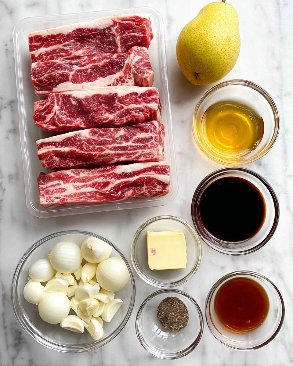 The image shows a white marbled surface with a clear plastic tray in the bottom left holding five slices of raw beef short ribs. Above this tray to the left is a small clear bowl with two peeled white onions, and to the right of it is a yellow pear. To the right of the pear is a clear bowl with honey, below it is a clear bowl with dark soy sauce, below that is a bowl with black pepper, then smaller bowls with a brown liquid and a pale yellow piece of butter. In the center above the ribs is a small bowl of peeled garlic cloves. photo taken with an iphone --ar 4:5 --v 7