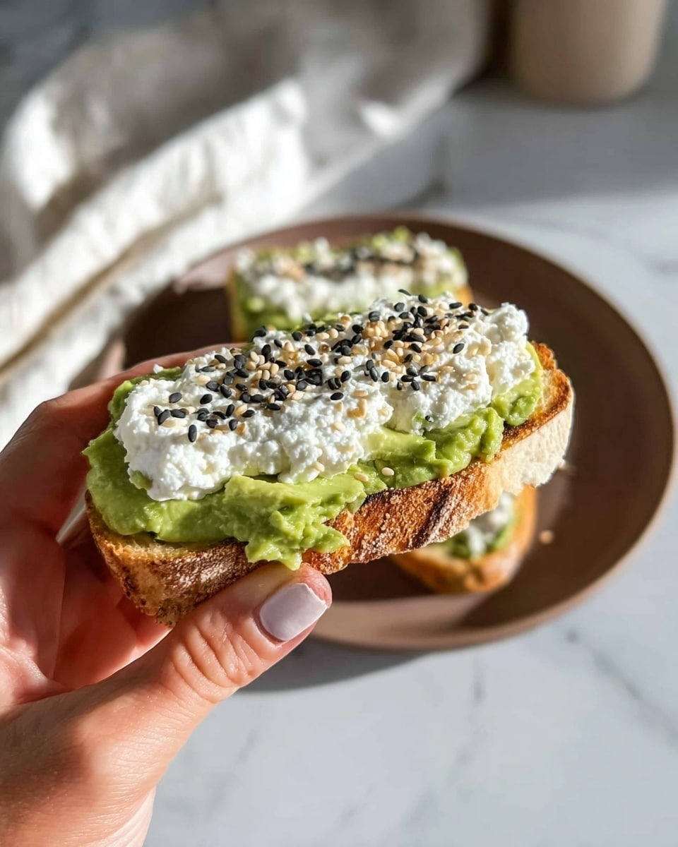 A woman's hand is holding a piece of toasted bread with two distinct layers: the bottom layer is bright green avocado spread with a smooth texture, and the top layer is white cottage cheese sprinkled with black sesame seeds, adding small dark dots. Behind the hand, there is a round white plate, blurred but still showing another piece of the same toast with visible green avocado and white cheese. The background has a white marbled texture and soft natural light gives a warm, cozy feeling. photo taken with an iphone --ar 4:5 --v 7