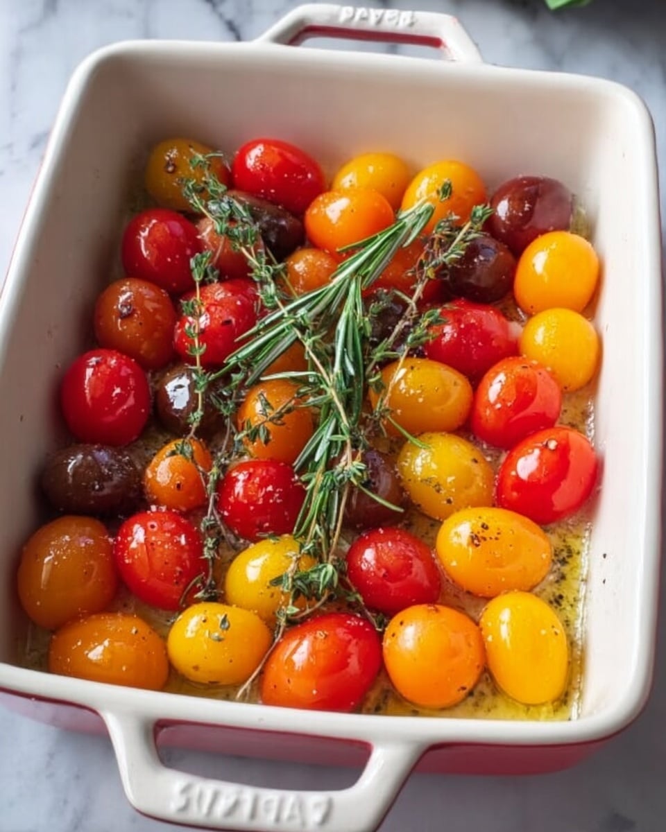 A white square ceramic dish filled with three layers of colorful cherry tomatoes in red, orange, yellow, and dark red shades. On top of the tomatoes lie two sprigs of fresh green herbs, one rosemary and one thyme, adding a touch of texture and color contrast. The tomatoes have a shiny, smooth texture with some light seasoning visible. The dish rests on a white marbled surface. photo taken with an iphone --ar 4:5 --v 7