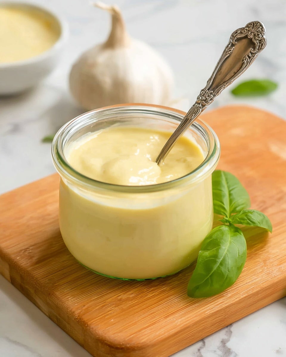 A small clear glass jar filled with smooth, creamy pale yellow sauce, with a decorative silver spoon dipped inside. The jar sits on a light brown wooden cutting board with visible wood grain. To the right of the jar, there are a few fresh green basil leaves resting on the board. In the blurred background, there is a whole white garlic bulb and a small white bowl with a creamy white sauce or dip inside. The surface beneath is a white marbled texture. Photo taken with an iphone --ar 4:5 --v 7