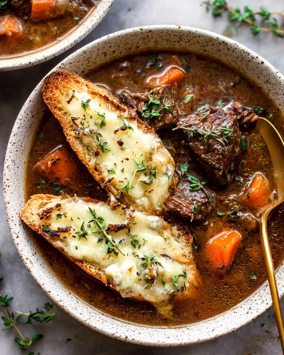 A bowl filled with rich brown beef stew, showing chunks of dark brown tender meat and bright orange carrot pieces in a thick broth. On top, there are two long, lightly toasted slices of bread covered with melted, creamy white cheese sprinkled with small fresh green herb leaves. A gold spoon is partially submerged on the right side of the bowl. The bowl is white with a speckled texture and sits on a white marbled surface with some scattered green herbs around. Photo taken with an iphone --ar 4:5 --v 7