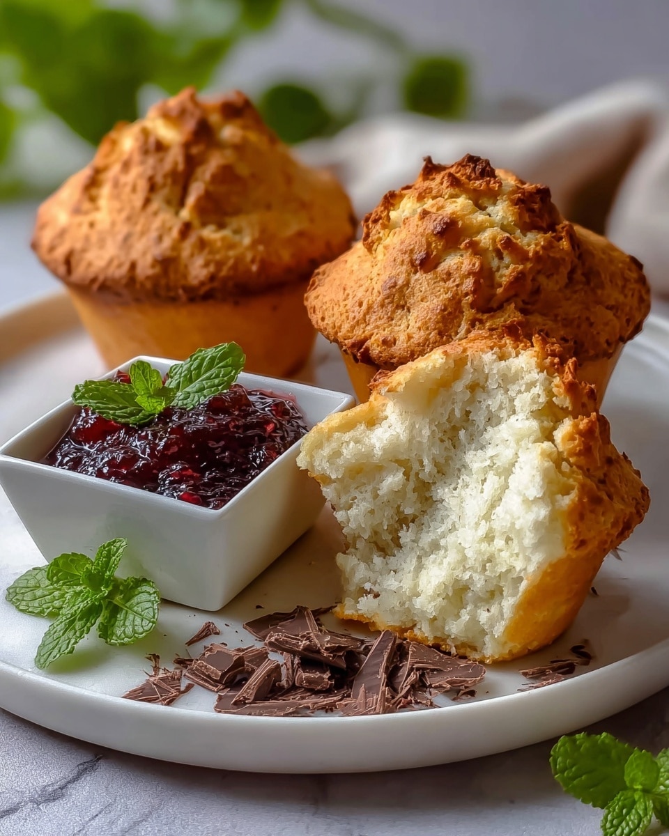 The image shows three golden brown muffins with a rough, cracked top texture sitting on a white plate with a white marbled texture below. The muffin in front is broken open, revealing a light, fluffy, and airy white inside with soft crumb texture. Next to the muffins is a small white square bowl filled with dark red berry jam topped with fresh green mint leaves. In front of the jam and muffins, there are small pieces of dark chocolate shavings scattered on the plate. The background is softly blurred with some green leaves visible. photo taken with an iphone --ar 4:5 --v 7