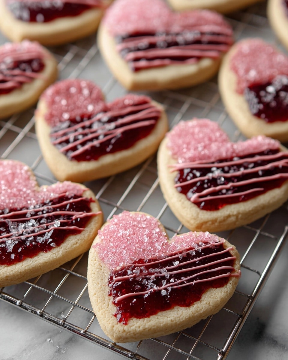 The image shows several heart-shaped cookies arranged on a silver cooling rack over a white marbled surface. Each cookie has two main layers: a light tan base with a soft texture, and a top layer decorated with pink sugar crystals covering half the cookie, giving it a sparkly look. On the other half, there is a thick spread of dark red jam with a glossy, slightly lumpy texture, topped with thin lines of dark red icing drizzled diagonally. Small white sugar crystals are sprinkled lightly over the jam and icing, adding a bit of contrast. The cookies are closely placed in rows, filling the frame, with a soft focus background. Photo taken with an iphone --ar 4:5 --v 7