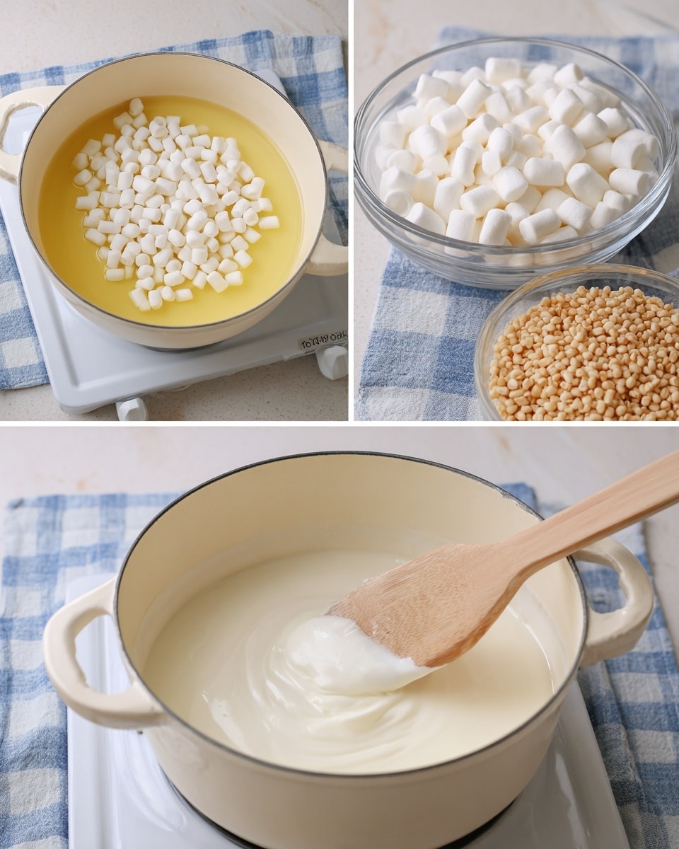 The collage shows three images of a round white pot on a stove with a white marbled surface underneath. In image one, the pot has a smooth, shiny, light yellow liquid filling the bottom. In image two, a large pile of small white marshmallows covers the yellow liquid fully inside the pot. In image three, the pot holds a thick, creamy, smooth white mixture with a wooden spatula stirring it inside, the spatula positioned diagonally from the bottom right side. Behind the pot, there are two glass bowls: one filled with small white marshmallows and the other with light beige grains, all placed on a blue and white checkered cloth. photo taken with an iphone --ar 4:5 --v 7