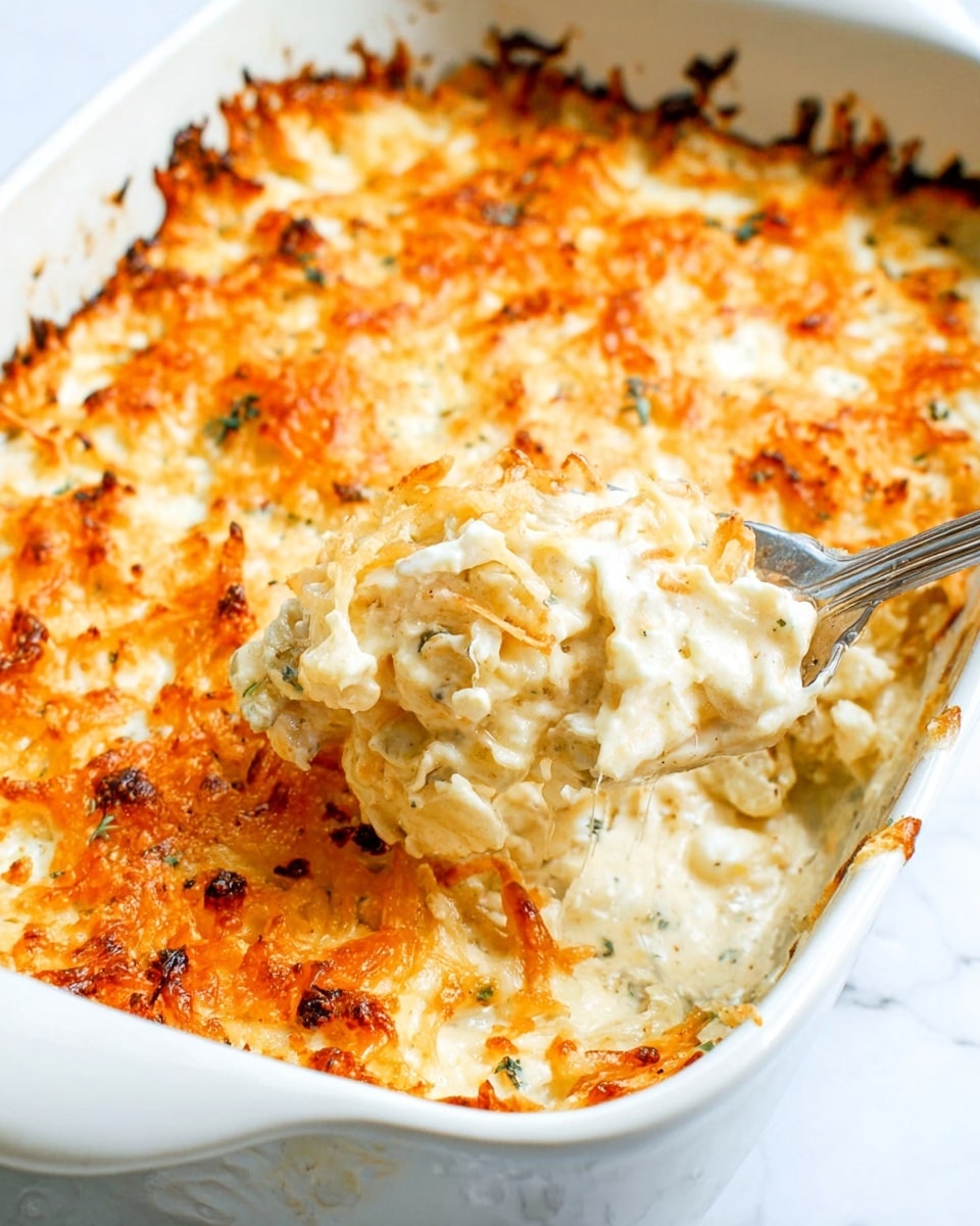 A close-up shows a silver spoon holding a portion of creamy cauliflower bake with small browned spots on top. The cauliflower pieces are white and tender, covered in a smooth cream sauce with some golden-baked edges. The background shows the rest of the dish in a white container with a textured, bubbly golden top layer. The surface beneath is white marbled texture photo taken with an iphone --ar 4:5 --v 7