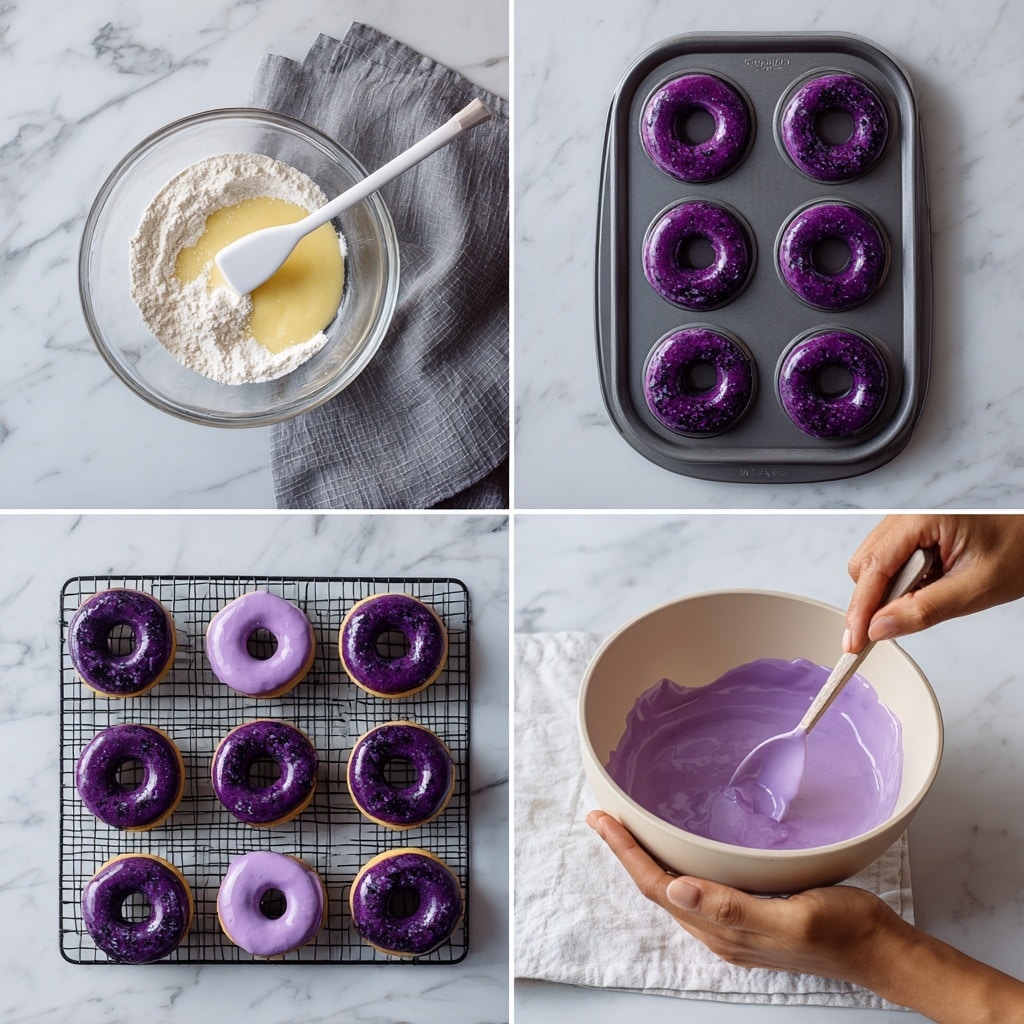 The first image shows a clear glass bowl with white flour, yellow batter, and many small dark purple berries mixed together with a white spatula on a white marbled surface. The second image shows a dark metal donut baking tray with six circular spaces, four filled with purple batter, and a woman’s hand holding the tray with a folded grey cloth on a white marbled surface. The third image displays a beige bowl filled with smooth light purple batter being stirred with a spoon by two woman’s hands, all on a white marbled surface. The fourth image shows five purple donuts with a glossy finish placed on a black wire cooling rack over white parchment paper on a white marbled surface, with a woman’s hand using a spoon to spread more purple glaze on the closest donut. Photo taken with an iphone --ar 4:5 --v 7