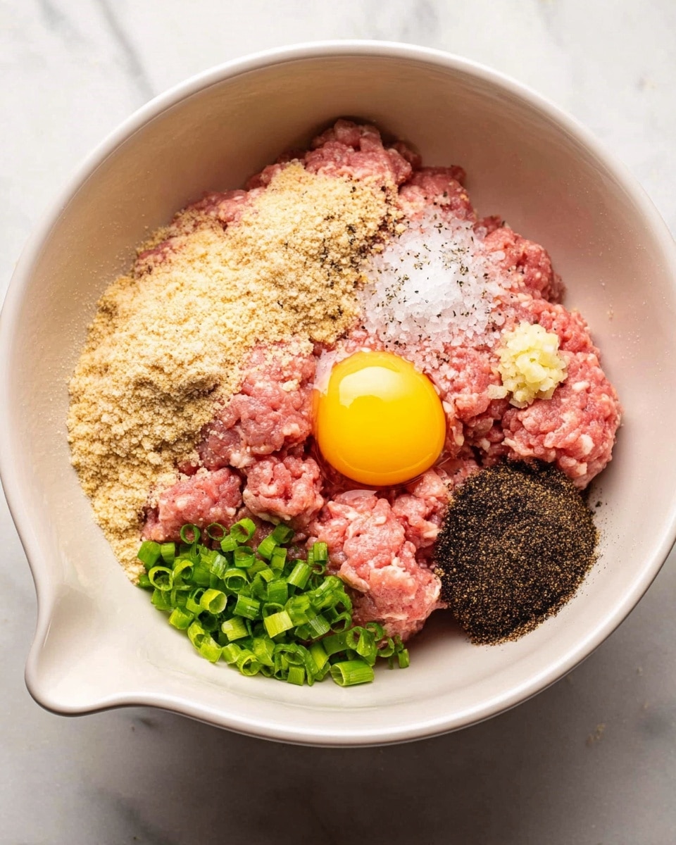 In a white bowl on a white marbled surface, there are seven layers of ingredients spaced apart. The largest layer is light pink ground meat, divided into two parts, one on the left and one on the right. Near the top right, there is a bright yellow whole egg yolk with clear egg white surrounding it. Above the left pink meat, there is a textured, light beige layer made of breadcrumbs. Next to it, on the right side, a small pile of white salt mixed with black pepper is placed. Above the salt, there are small chopped green onions. Below the salt, minced pale yellow garlic rests on the ground meat. Finally, a dark brown round paste sits on the bottom right side. The bowl has a small pouring spout on one side. Photo taken with an iphone --ar 4:5 --v 7