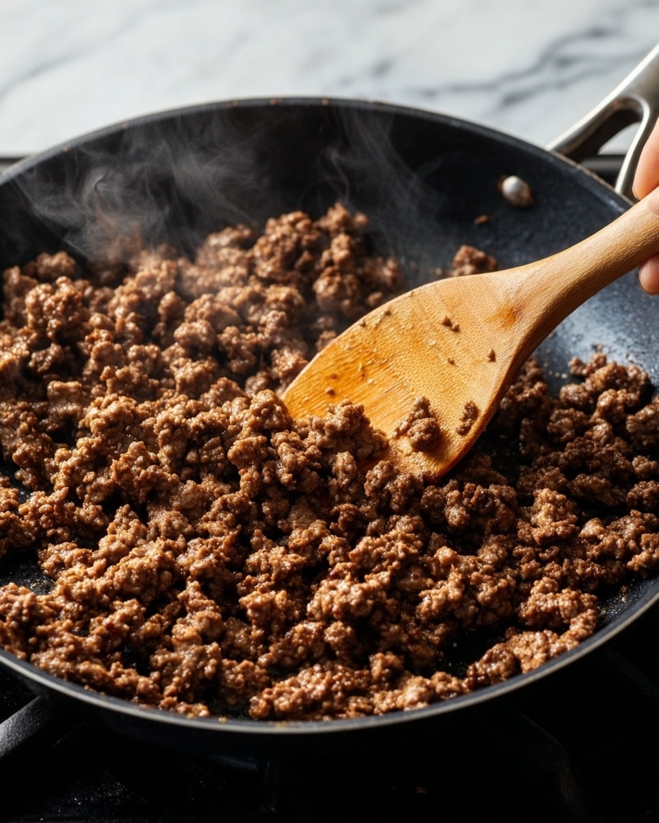A close-up view of browned ground meat cooking in a black skillet, with visible steam rising. The meat is broken into small, uneven pieces, browned with a slightly glossy texture from the cooking juices. A wooden spoon held by a woman's hand is stirring the meat from the right side, showing a warm, natural wood color. The skillet is placed on a stove burner, all set against a white marbled surface in the background. photo taken with an iphone --ar 4:5 --v 7