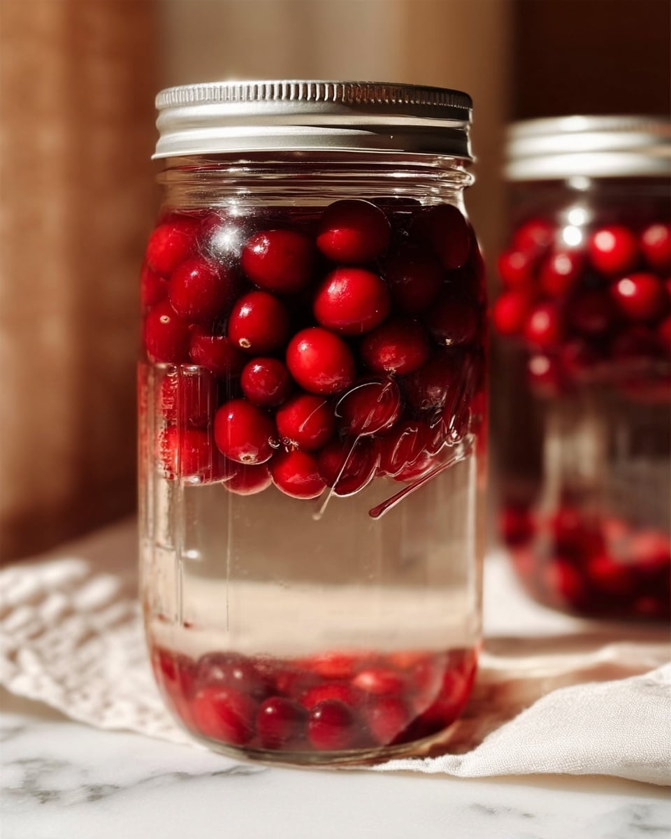 A tall clear glass jar filled with dark red liquid and bright red whole cranberries floating on top inside. The jar has a silver lid and the word