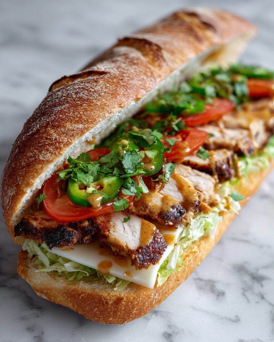 A sandwich on a crusty, golden-brown baguette with layers starting from the bottom with shredded light green lettuce, followed by a slice of white cheese, then several pieces of grilled, slightly charred chicken with a light cream inside and darkened edges. Above the chicken, there is a layer of fresh, bright red tomato slices topped with chopped green cilantro and jalapeño peppers with a drizzle of light brown sauce. The baguette is open to show all the colorful ingredients inside, resting on a white marbled surface. photo taken with an iphone --ar 4:5 --v 7