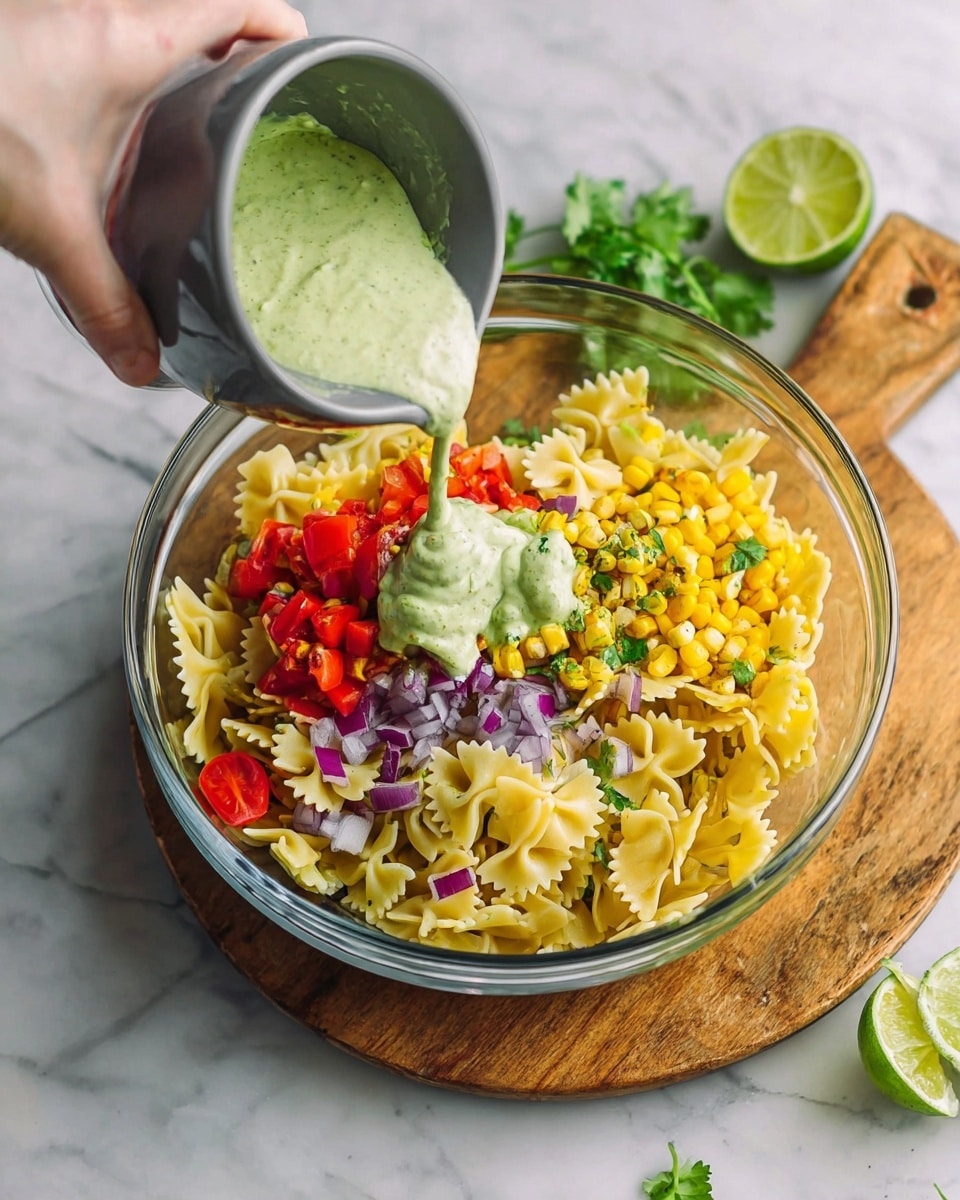 A clear glass bowl filled with three layers of food sits on a wooden board over a white marbled surface. The bottom layer is pale yellow cooked bowtie pasta. The middle layer has bright yellow corn, small red bell pepper pieces, cherry tomato halves, and some chopped purple onion, all mixed together. A woman's hand is pouring a thick, light green creamy sauce from a small gray cup onto the top of the pasta and vegetables. Fresh green cilantro sprigs are scattered behind the bowl, and there are two lime halves placed nearby. Photo taken with an iphone --ar 4:5 --v 7