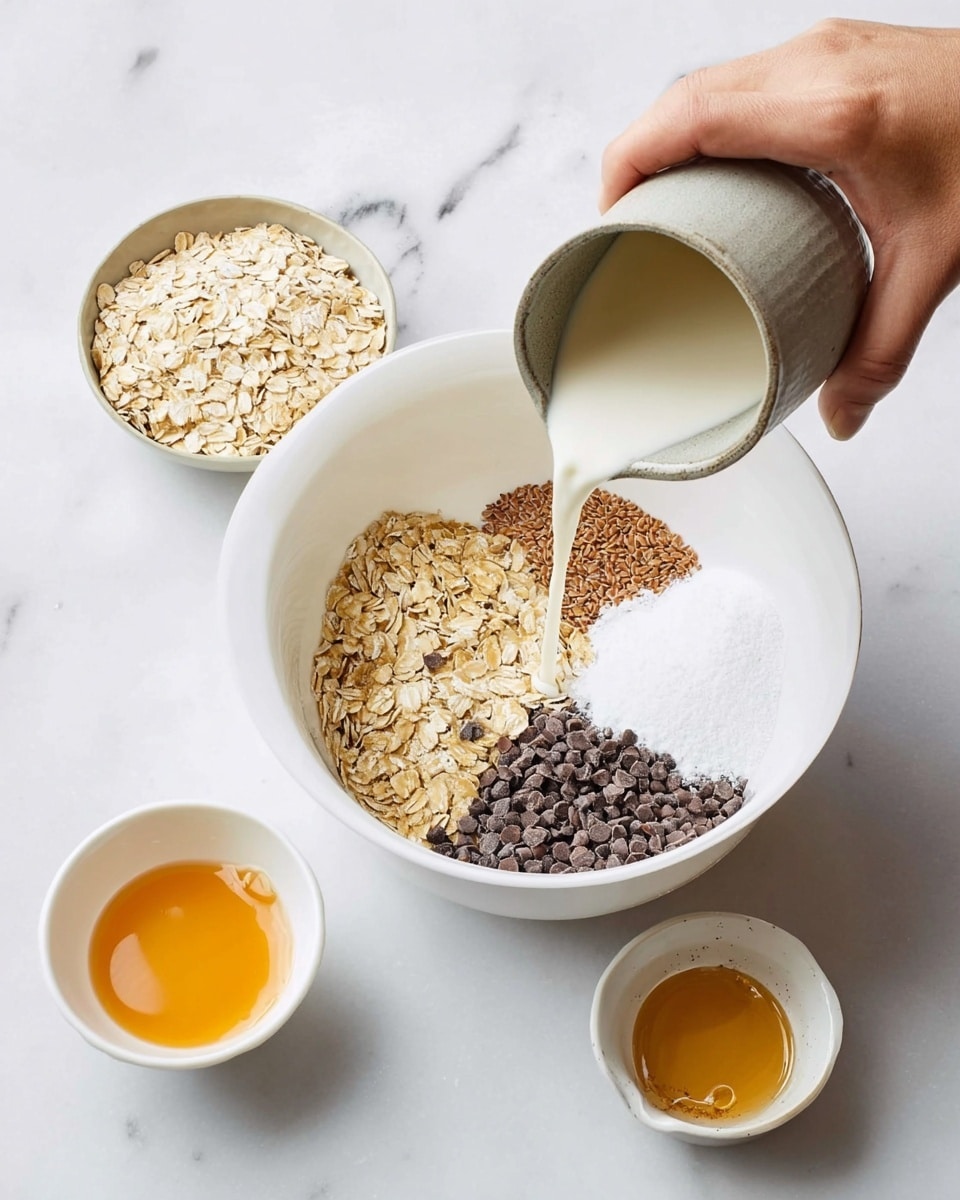 A white bowl contains four separate piles of ingredients: light beige oats at the top left, small white powder in the center, amber brown ground flaxseed at the bottom left, and dark brown mini chocolate chips at the right side. A woman's hand is pouring white liquid from a grayish ceramic pitcher into the bowl. Around the main bowl, there are three smaller white bowls: one with light beige oats at the bottom left, one with a golden liquid at the bottom right, and one with a mix of flaxseed at the top right. The setting is on a white marbled surface. photo taken with an iphone --ar 4:5 --v 7