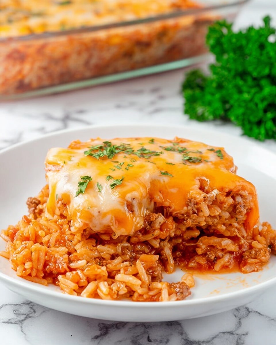 The image shows a close-up of a cheesy baked dish served on a white plate with a white marbled background. The dish has multiple layers with melted yellow and orange cheese on top, creating a gooey and stretchy texture as a fork lifts a portion. Beneath the cheese, there is a mix of ground meat, rice, and a red tomato-based sauce, all layered together with a visible piece of pasta or tortilla in the mix. The layers look rich and moist, with a slightly browned cheesy layer on top in the background in a glass dish. A woman's hand holds the fork, lifting the portion, making the melted cheese stretch toward the plate. Some chopped greens are visible blurred in the background. Photo taken with an iphone --ar 4:5 --v 7
