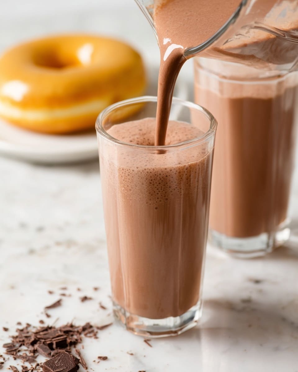 A tall clear glass is being filled with a smooth brown chocolate drink from a blender jug visible in the top right. The chocolate drink fills the glass almost to the top, showing its creamy and slightly frothy texture. Behind it stands another tall clear glass already filled with the same chocolate drink. In the background, a white plate holds a golden-brown donut with a shiny surface, slightly out of focus. The scene is set on a white marbled surface with a small pile of dark chocolate shavings scattered near the front. photo taken with an iphone --ar 4:5 --v 7