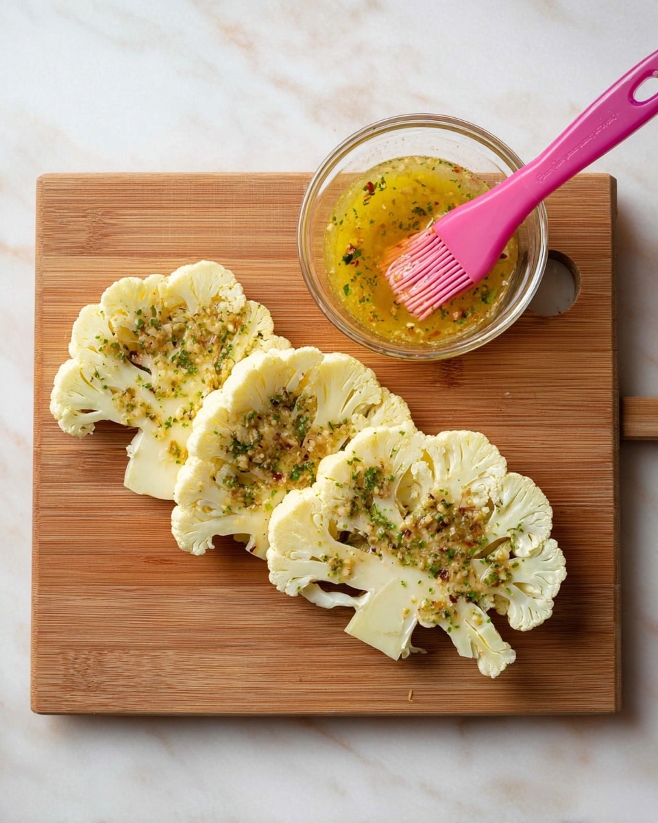 The image shows a wooden cutting board placed on a white marbled surface, with three thick slices of cauliflower laid side by side. Each slice has a light yellowish seasoning with green herb bits sprinkled over it. To the top right of the board, there is a clear glass bowl containing a yellow marinade sauce with herbs and garlic, along with a pink silicone brush resting in it. The overall scene is simple and clean. photo taken with an iphone --ar 4:5 --v 7