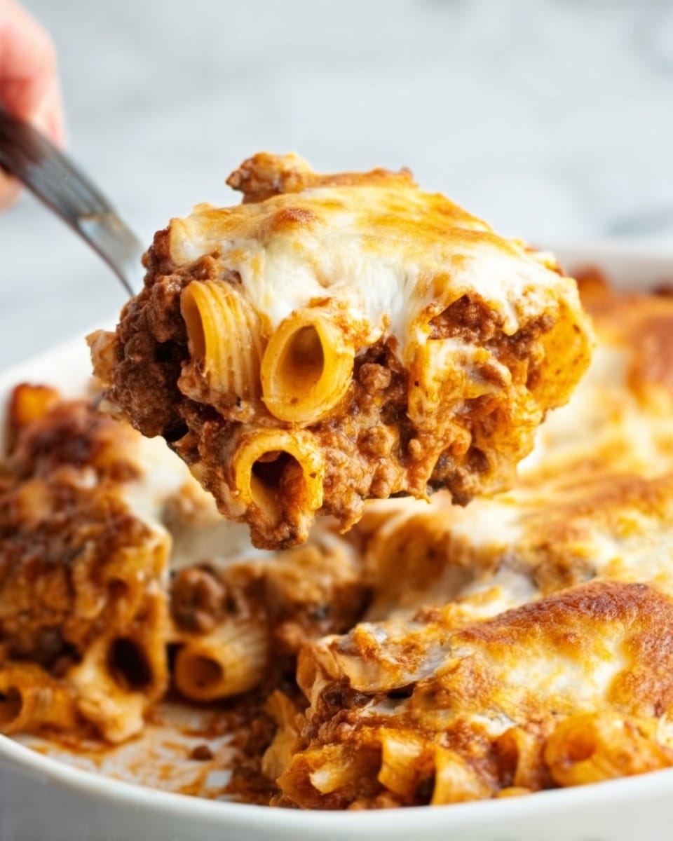 The image shows a close-up of a white plate filled with baked pasta layered with a rich brown meat sauce, tube-shaped pasta, and a thick layer of melted light golden cheese on top. A woman's hand holding a spoon is lifting a portion, revealing the soft, cheesy pasta beneath the browned surface. The white marbled surface is visible in the background. Photo taken with an iphone --ar 4:5 --v 7