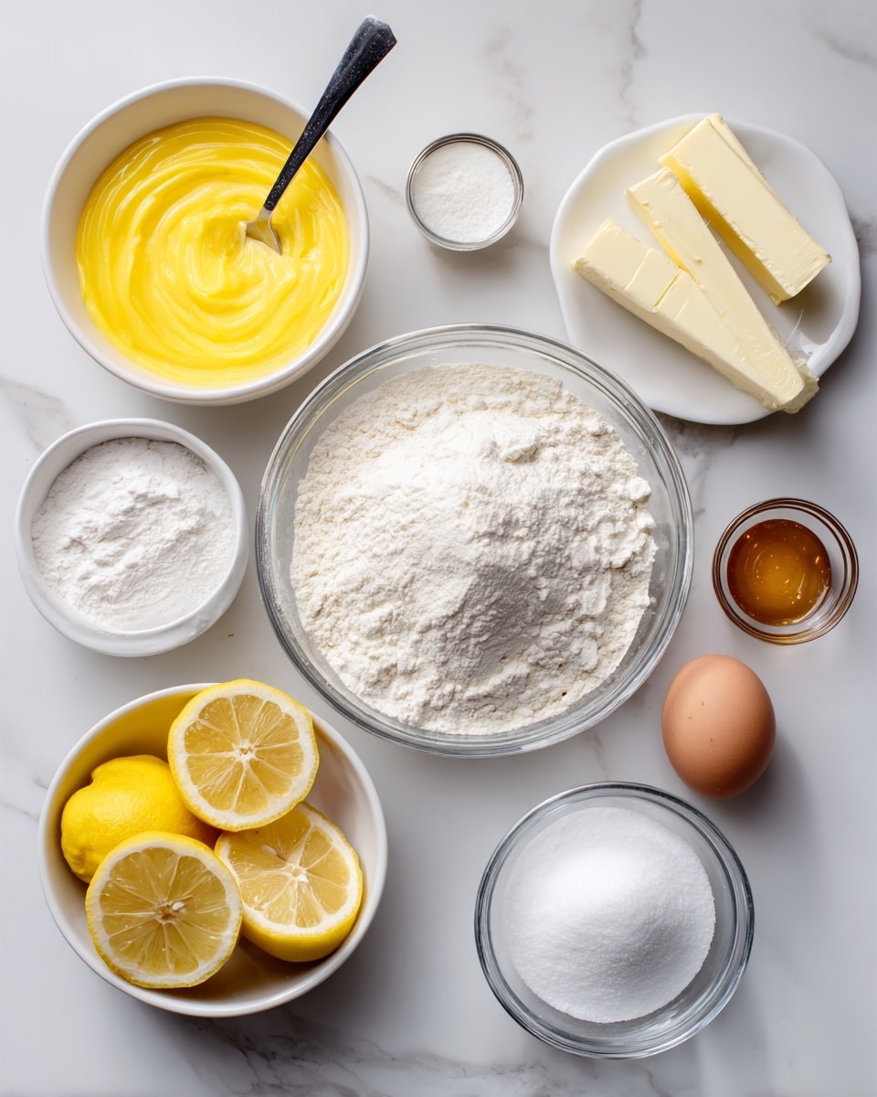 The image shows several ingredients arranged neatly on a white marbled surface. In the center is a clear glass bowl filled with white flour, with soft texture on the top layer. To the left, there is a white bowl holding bright yellow lemon curd with a black spoon resting inside. Below that, a white bowl holds halved lemons with bright yellow flesh and smooth peel. Nearby, a brown egg lies alone on the surface. To the lower right of the flour bowl, a clear glass bowl is filled with white sugar that has a fine texture. Above that, a tiny clear bowl holds amber vanilla bean paste. Next to it, another small silver container holds white salt. On the upper right, a white plate holds two sticks of pale yellow butter with visible paper wrappers. On the left below the egg, a small clear bowl holds white cornstarch powder. All items are spaced evenly for clear visibility. Photo taken with an iphone --ar 4:5 --v 7