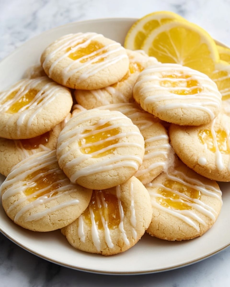 A white plate filled with round cookies arranged closely together, each cookie has two layers: a soft light beige dough base and a bright yellow smooth jam filling in a shallow center. Drizzled over each cookie are thin white icing lines crossing diagonally. On top near the edge of the pile there are two thin lemon wedges. The whole plate sits on a white marbled surface photo taken with an iphone --ar 4:5 --v 7