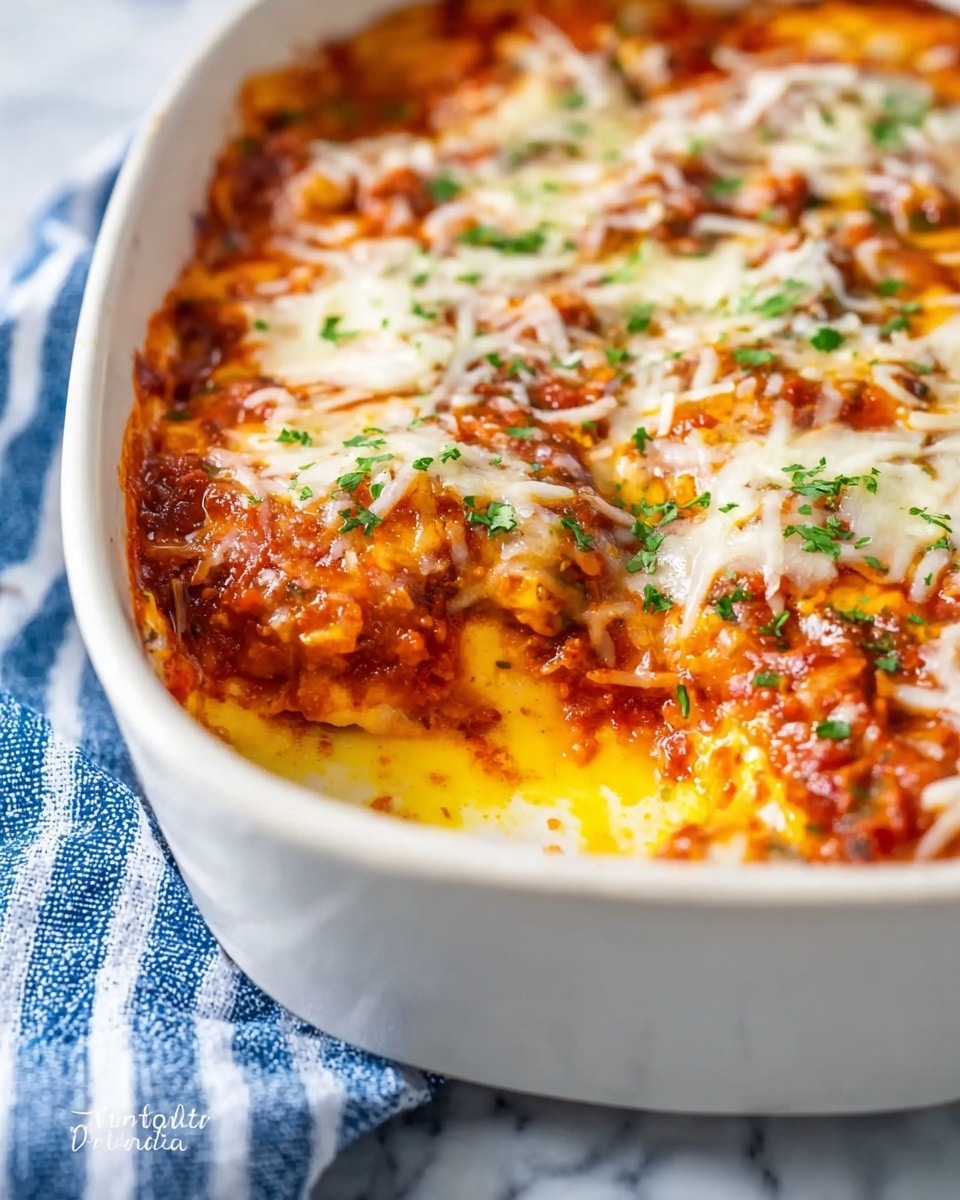A close-up of a white ceramic dish filled with a layered baked dish. The bottom layer is melted yellow cheese with small browned spots showing through a thick layer of rich red tomato sauce mixed with finely chopped herbs and small bits of cooked vegetables or meat. On top, there are melted shredded white cheeses scattered unevenly with a slightly golden brown tint in places, sprinkled with finely chopped green herbs. The dish is placed on a blue and white striped cloth, all set against a white marbled background. photo taken with an iphone --ar 4:5 --v 7