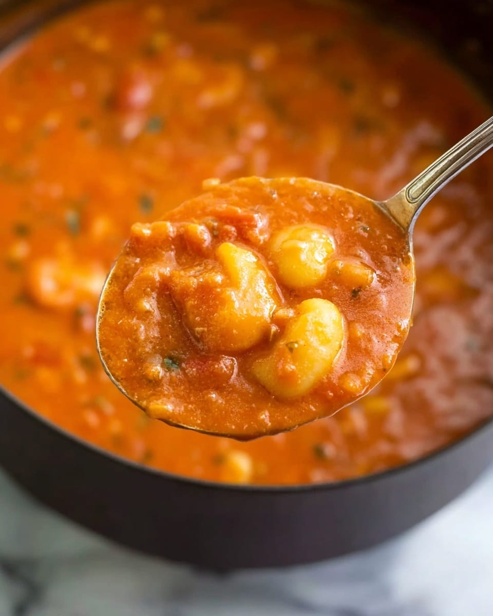 A close-up view of a silver spoon holding a thick, orange-red soup with visible pieces of soft, yellow gnocchi floating in it. The soup looks rich and slightly chunky, with small bits of herbs and possibly minced meat mixed inside. The background shows the same soup in a large black pot, slightly out of focus, emphasizing the texture and color of the soup and gnocchi in the spoon. The setting has a white marbled surface beneath. Photo taken with an iphone --ar 4:5 --v 7