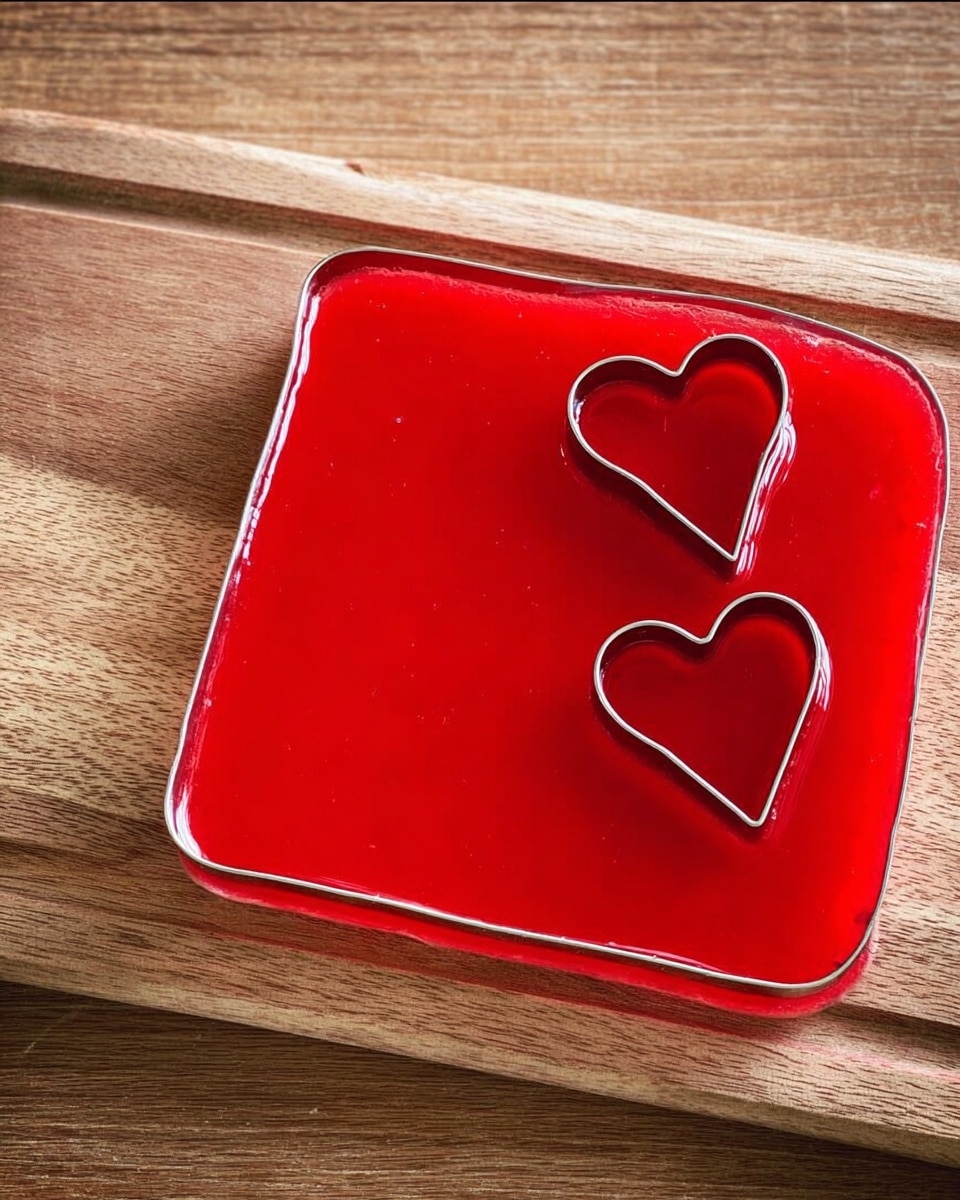 A square-shaped dessert with smooth, shiny bright red gel layer on top, placed on a wooden board. Two metal heart-shaped cookie cutters, one large on the bottom left and one small on the top right, are on the red surface. The gel layer has rounded edges and a glossy finish that reflects light. Photo taken with an iphone --ar 4:5 --v 7