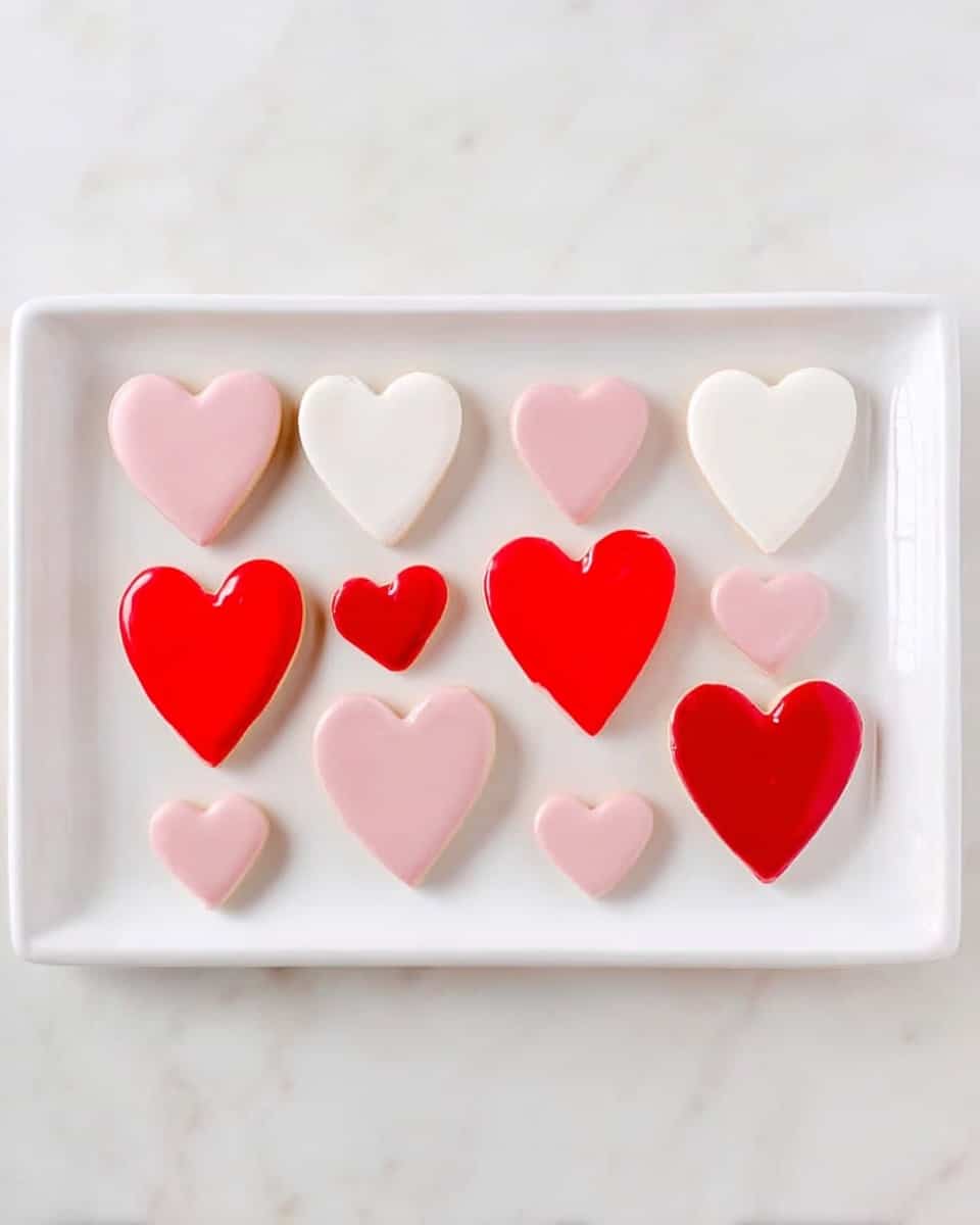 A white rectangular tray holds eleven heart-shaped cookies arranged in three rows on a white marbled surface. The bottom layer consists of the largest cookies: two light pink hearts on the far left and right, and a medium-sized bright red heart in the center, showing smooth glossy texture. The middle row features two medium red hearts near the edges and one medium light pink heart in the center. The top row has four small hearts, two white hearts near the middle and two small light pink hearts near the edges, all with a matte finish. Photo taken with an iphone --ar 4:5 --v 7