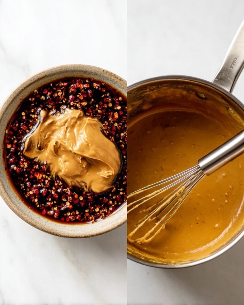 The image shows two parts side by side on a white marbled surface. On the left, there is a round bowl filled with a dark red and black sauce, sprinkled with small red pepper flakes, topped with a large dollop of thick light brown peanut butter sitting in the center, showing texture and shine. On the right, a shiny silver small pot contains a smooth, thick golden brown sauce with a silver whisk resting inside it, coating the whisk gently. Both show rich textures and deep colors, with clear lighting highlighting the details. Photo taken with an iphone --ar 4:5 --v 7