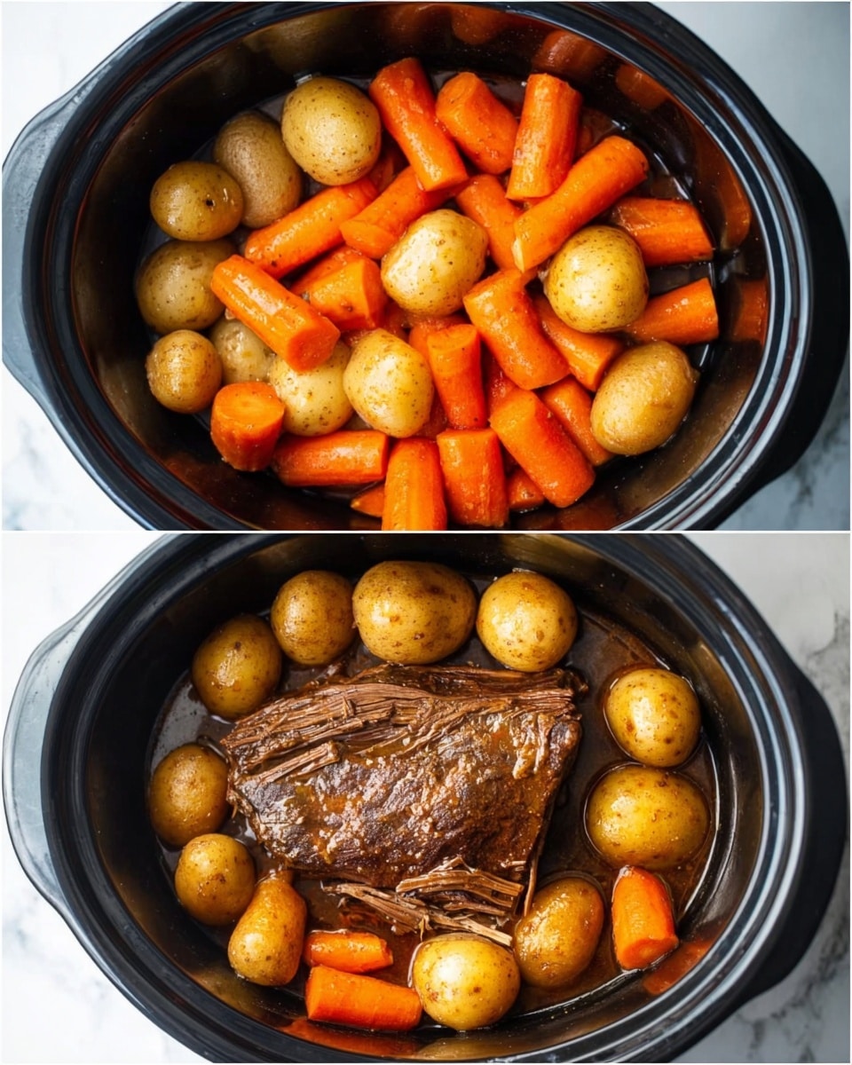 The dish shows two stages in a black slow cooker pot placed on a white marbled surface. In the first stage, the bottom layer has small, whole light brown potatoes spread evenly, and on top of them is a layer of thick, bright orange carrot pieces arranged evenly around the pot. In the second stage, the same potatoes and carrots are now surrounding a large, thick piece of dark brown cooked meat placed in the center, with juices around it making the meat look shiny and tender. The colors are natural and rich with the contrast of the orange carrots, light brown potatoes, and dark brown meat. Photo taken with an iphone --ar 4:5 --v 7