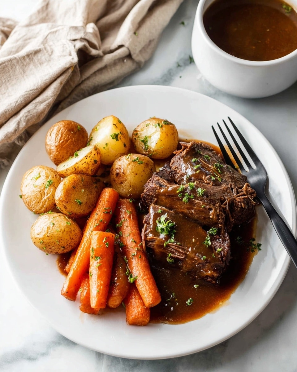 A white plate holds a meal with three layers: the bottom layer consists of whole small potatoes with a shiny brown sauce on top, the middle layer features several whole cooked carrots also covered in the brown sauce, and the top layer has two large pieces of tender brown meat smothered in the same sauce, with green herb sprinkles scattered on everything. A silver and black fork rests on the right edge of the plate. In the background, there is a white bowl filled with the brown sauce placed on a white marbled surface, along with a beige cloth nearby. photo taken with an iphone --ar 4:5 --v 7