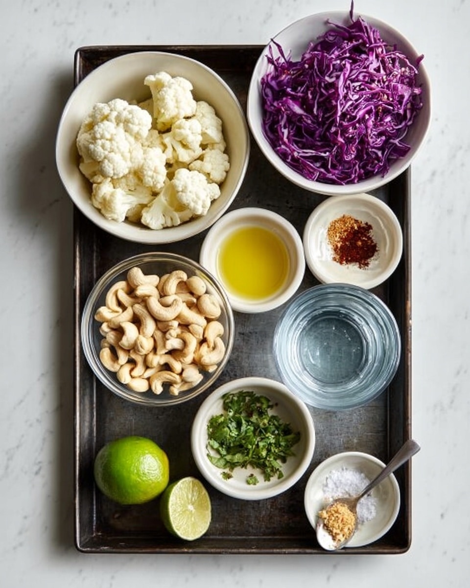 A dark metal tray sits on a white marbled surface, holding several small white bowls and glass containers arranged neatly. The top left white bowl is filled with white cauliflower florets, while the top right white bowl holds shredded purple cabbage with a slightly rough texture. Below the cauliflower is a small white bowl with light yellow oil, next to it is a smaller white bowl with reddish-brown spices. To the left center is a clear glass bowl filled with light beige cashews, and to the right center is a clear glass bowl with chopped green herbs. At the bottom center, a halved green lime rests on the tray, next to a glass filled with clear water. To the right of the water glass is a small white bowl containing a light brown paste or minced substance beside a small spoon with white salt. photo taken with an iphone --ar 4:5 --v 7