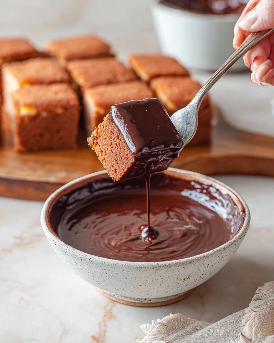 A square piece of golden brown cake is held by a fork above a round bowl filled with thick, glossy dark chocolate sauce. The cake piece is fully covered by the smooth chocolate coating, with a small drip falling back into the bowl. In the background, a wooden board holds more square pieces of the same cake, showing a slightly crispy crust on top. The scene is set on a surface with white marbled texture, and a woman's hand holds the fork from the right side. Photo taken with an iphone --ar 4:5 --v 7
