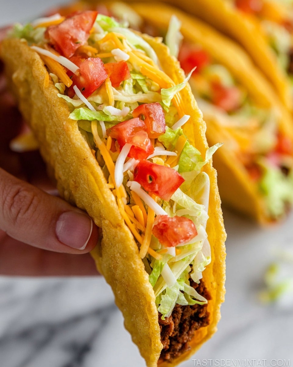 A close-up view of a taco held by a woman's hand shows four layers inside a golden-yellow fried shell: the bottom layer is dark brown cooked ground beef, followed by a layer of light green shredded lettuce, then a generous layer of mixed shredded white and orange cheese, topped with bright red diced tomatoes. The taco shell has a crunchy texture with some browned spots on the edges. More tacos with the same ingredients are softly blurred in the white marbled background. Photo taken with an iphone --ar 4:5 --v 7