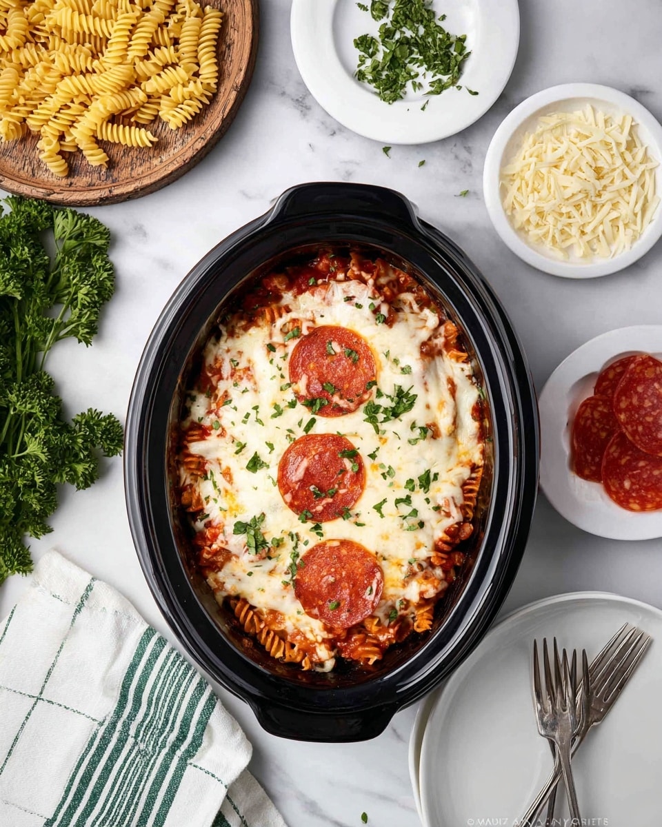 A black oval dish holds a baked pasta meal with three layers visible: the bottom layer is dark red tomato sauce mixed with pasta, covered by a thick, melted white cheese layer with a slightly browned texture, and topped with three round pepperoni slices arranged in the center. The dish is garnished with small green parsley bits scattered over the cheese. Surrounding the dish on a white marbled surface are small white plates each with different ingredients: red pepperoni slices, grated white cheese, and chopped green herbs. There is a bunch of fresh green parsley on a round wooden board, a small bowl filled with dry spiral pasta on a green and white striped towel, and a white plate with two silver forks resting on it near the bottom right corner. photo taken with an iphone --ar 4:5 --v 7