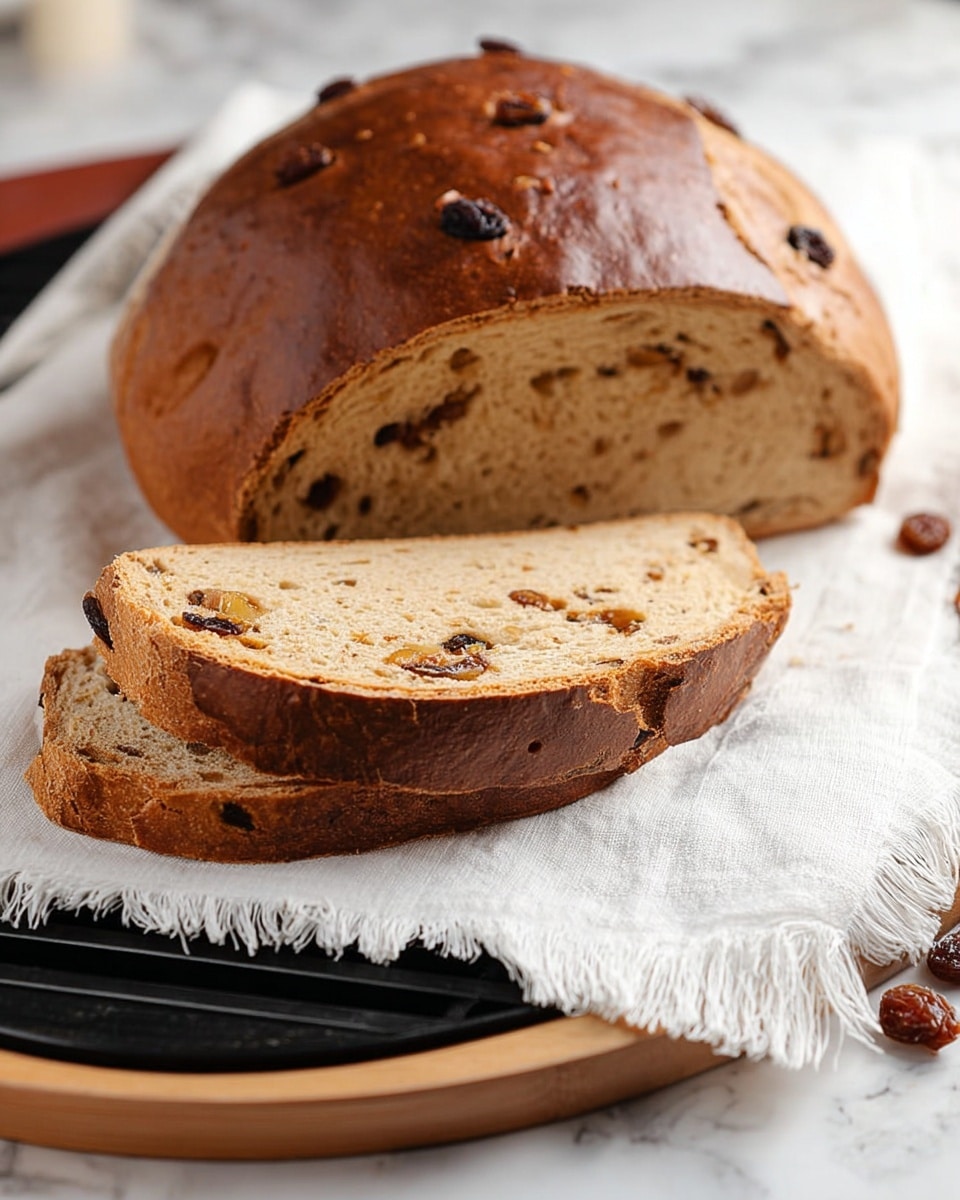 The image shows a round loaf of brown bread with a shiny crust, dotted with dark raisins on top. A thick slice is cut from the loaf and placed in front, revealing a soft, light brown inside filled with small pieces of nuts and raisins. The bread sits on a white cloth with frayed edges, which is spread over a wooden tray. The tray is on a black cooling rack, and the whole setup is on a white marbled surface. A few raisins are scattered near the cloth. The photo taken with an iphone --ar 4:5 --v 7