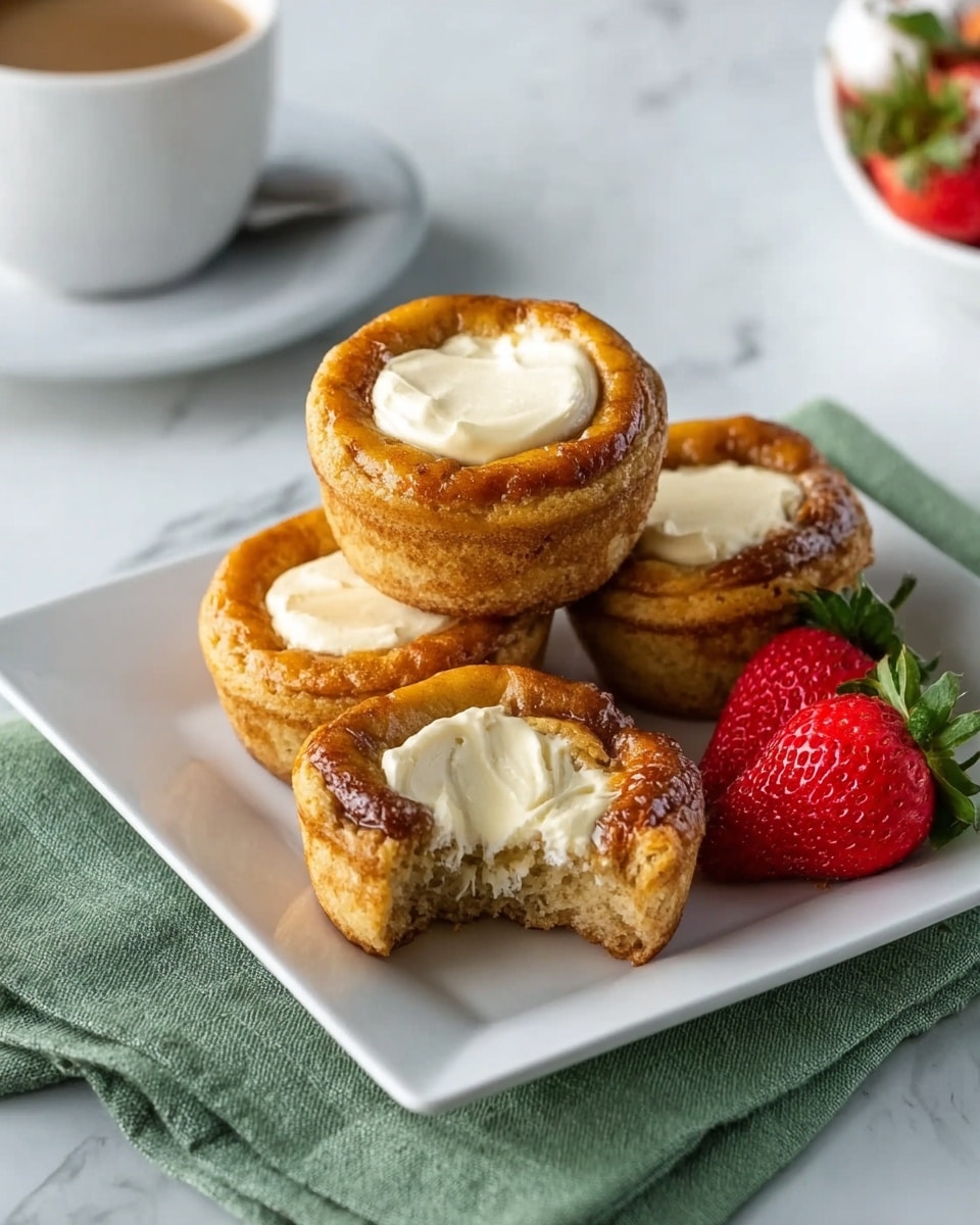 Four golden brown baked muffins with cream filling in the center are stacked on a white square plate. Two muffins are stacked on the bottom and two rest on top, with the top muffin slightly tilted showing the creamy center. To the right of the muffins, there are three fresh red strawberries with green leaves. The plate sits on a green cloth napkin placed on a white marbled surface. In the blurrier background, a white cup of coffee on a white saucer is visible. Photo taken with an iphone --ar 4:5 --v 7