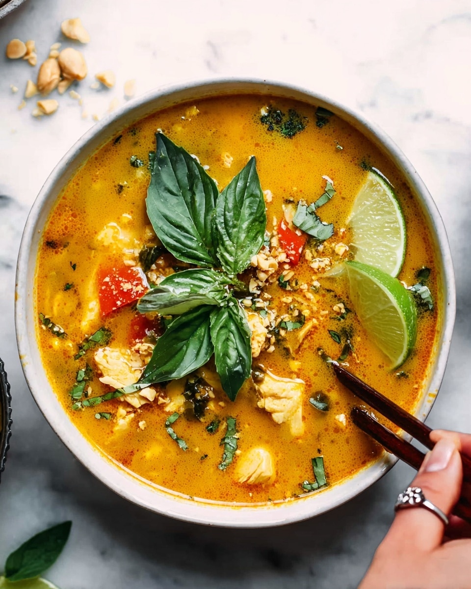 A white bowl filled with a thick orange-yellow soup with visible chunks of light yellow chicken and red bell pepper pieces. On top, fresh dark green basil leaves sit prominently in the center, sprinkled with small bits of crushed nuts and herbs. On the right side of the bowl, two bright green lime wedges rest on the soup surface. A woman's hand with a silver ring holds a pair of dark brown chopsticks, dipping them into the soup on the lower right. The bowl is placed on a white marbled surface with scattered small nut pieces around. Photo taken with an iphone --ar 4:5 --v 7