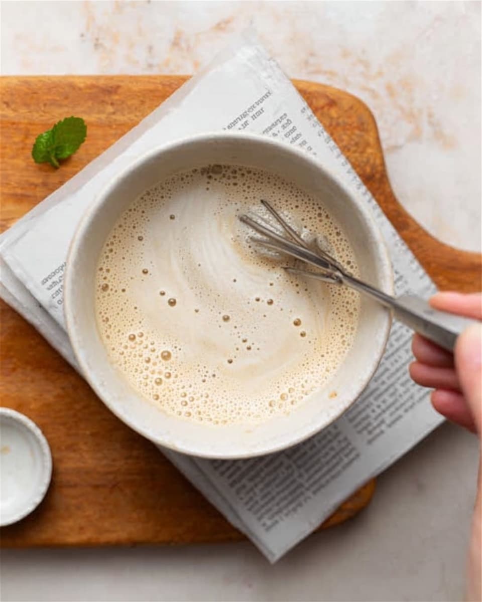A white bowl filled with a creamy, light beige mixture that has small bubbles on the surface. A silver spoon rests inside the bowl, partially immersed in the mixture, with a woman's hand holding a frother, creating gentle swirls and a bit of foam. The bowl is placed on top of folded white papers with printed text, positioned on a wooden board. The background features a white marbled texture. photo taken with an iphone --ar 4:5 --v 7