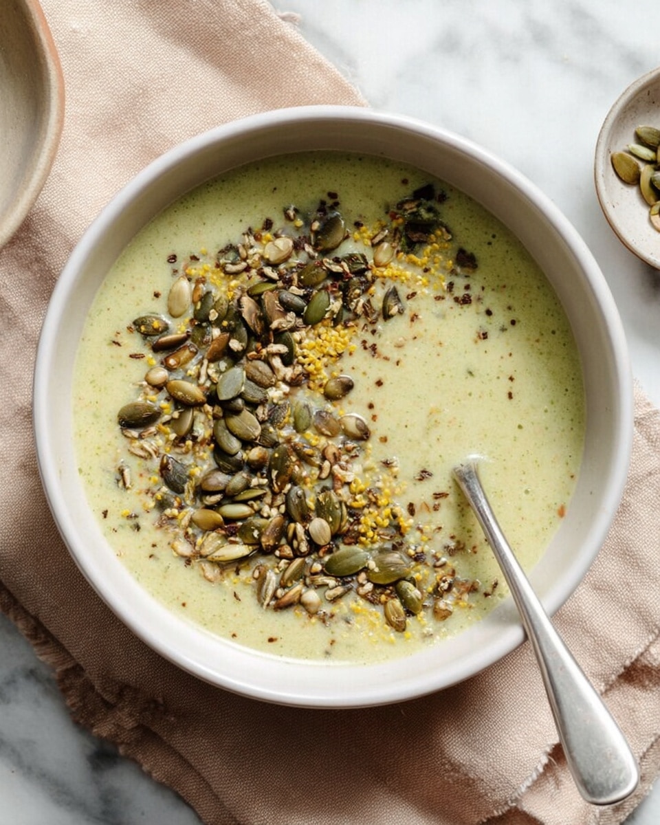 A white bowl filled with creamy pale green soup, topped with a generous mix of seeds including pumpkin seeds and sunflower seeds, along with small crushed yellow bits, creating a textured layer on top. A spoon rests inside the bowl slightly to the right, partially submerged in the soup. The bowl sits on a beige cloth napkin, all placed on a white marbled surface. Photo taken with an iphone --ar 4:5 --v 7